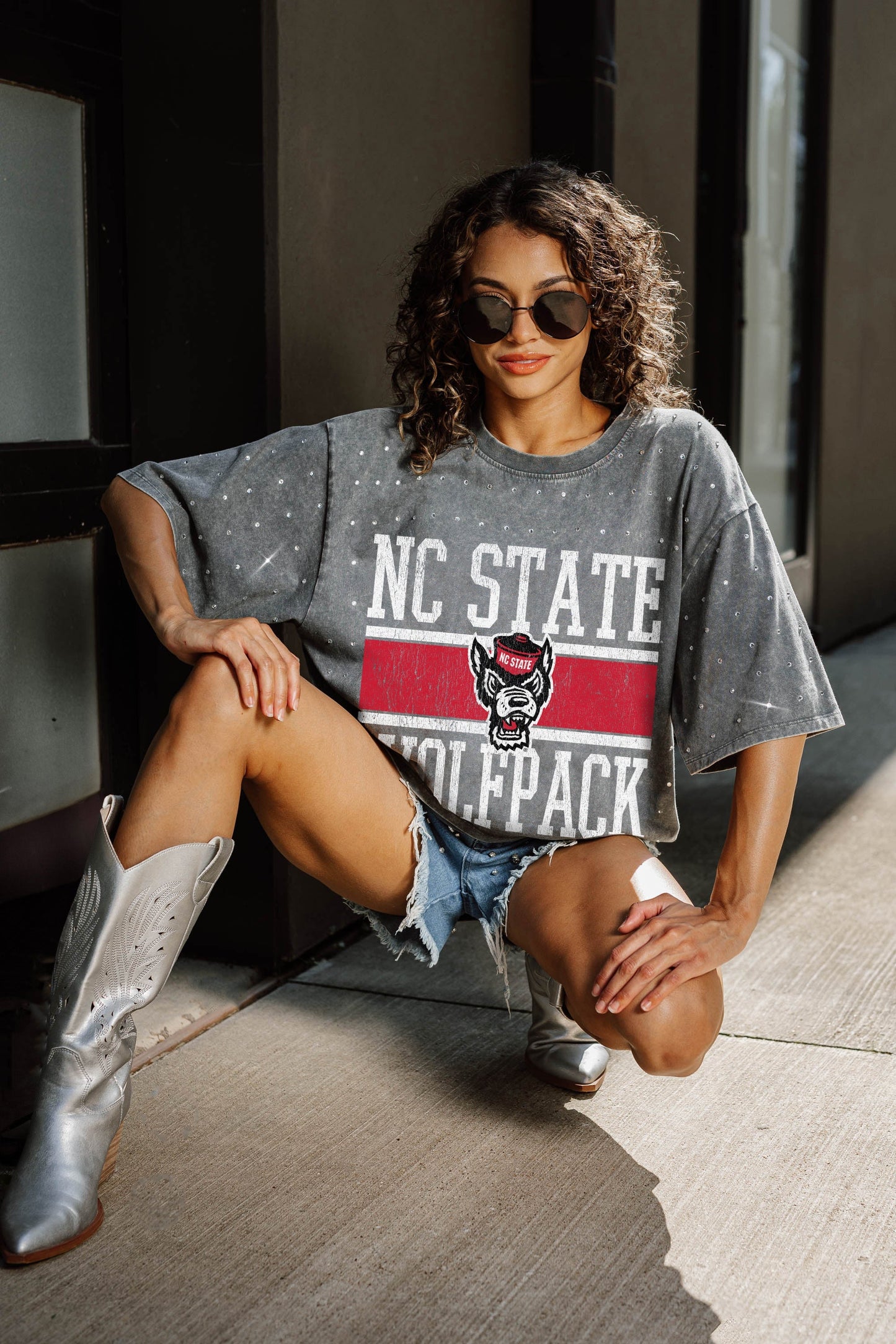 NORTH CAROLINA STATE WOLFPACK ON THE BALL OVERSIZED ALL-OVER MINI RHINESTONE SHORT SLEEVE CLASSIC TEE WITH RIBBED NECKLINE