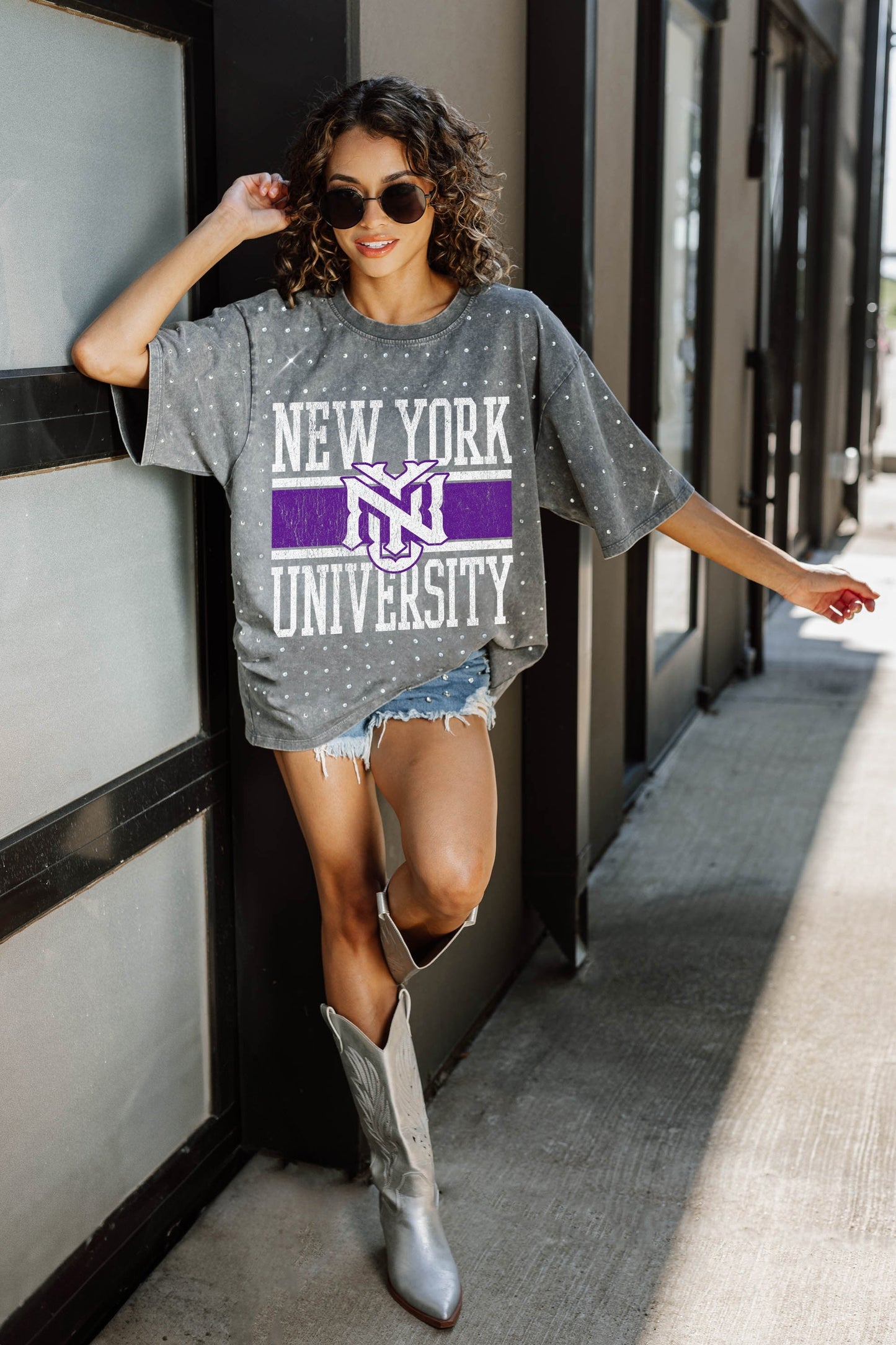 NEW YORK UNIVERSITY VIOLETS ON THE BALL OVERSIZED ALL-OVER MINI RHINESTONE SHORT SLEEVE CLASSIC TEE WITH RIBBED NECKLINE