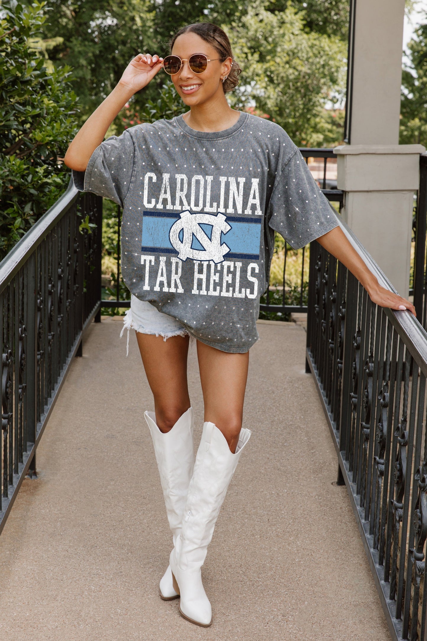 NORTH CAROLINA TAR HEELS ON THE BALL OVERSIZED ALL-OVER MINI RHINESTONE SHORT SLEEVE CLASSIC TEE WITH RIBBED NECKLINE