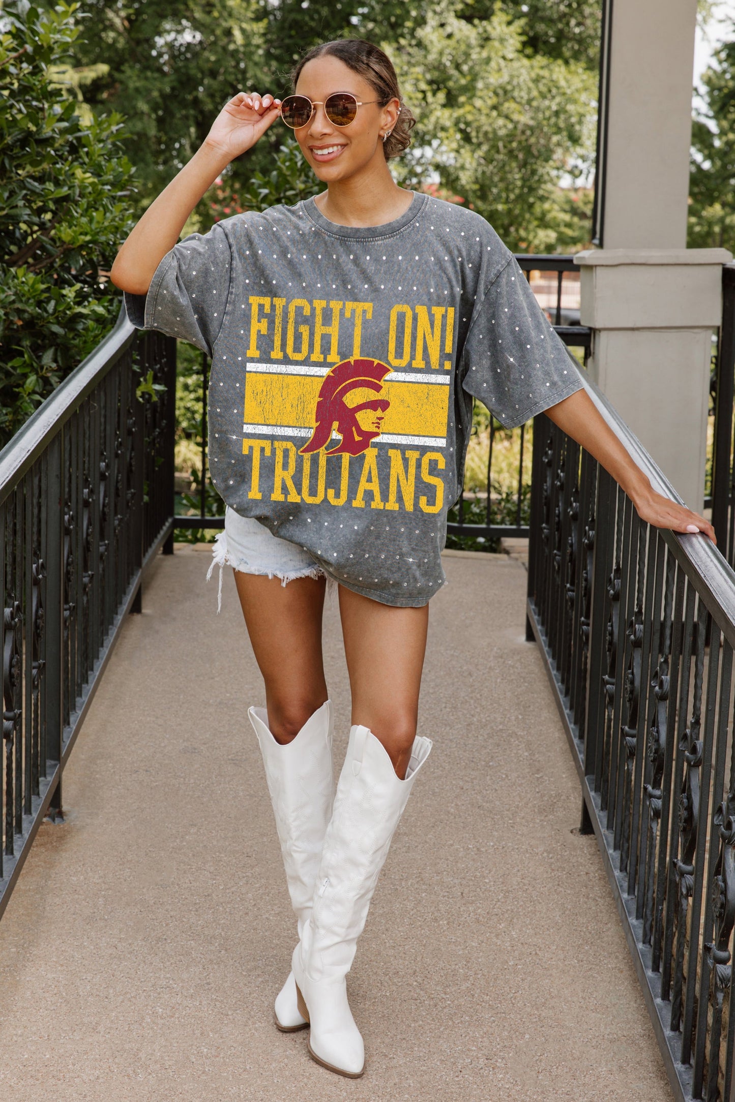 USC TROJANS ON THE BALL OVERSIZED ALL-OVER MINI RHINESTONE SHORT SLEEVE CLASSIC TEE WITH RIBBED NECKLINE