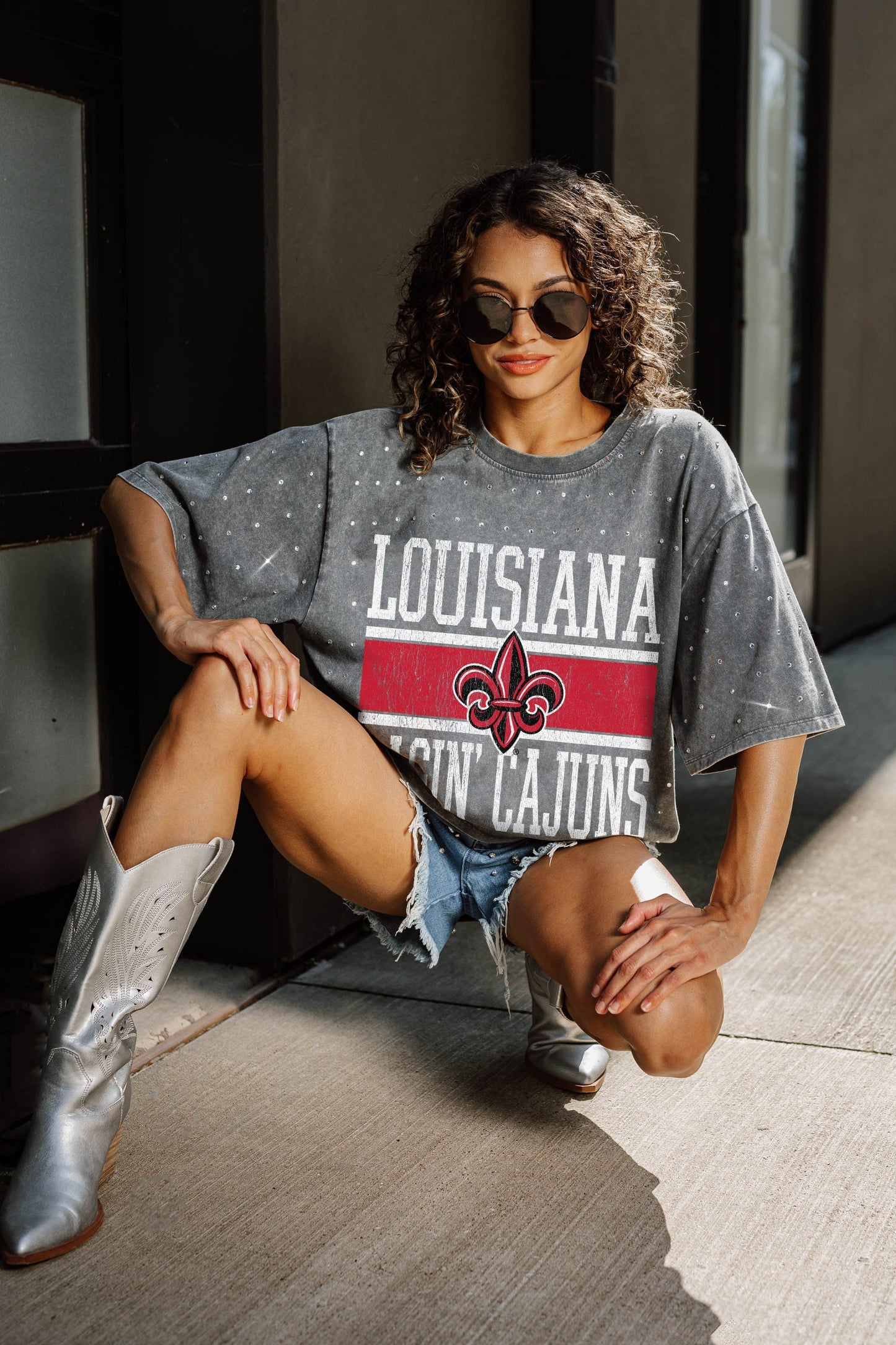 LAFAYETTE RAGIN' CAJUNS ON THE BALL OVERSIZED ALL-OVER MINI RHINESTONE SHORT SLEEVE CLASSIC TEE WITH RIBBED NECKLINE