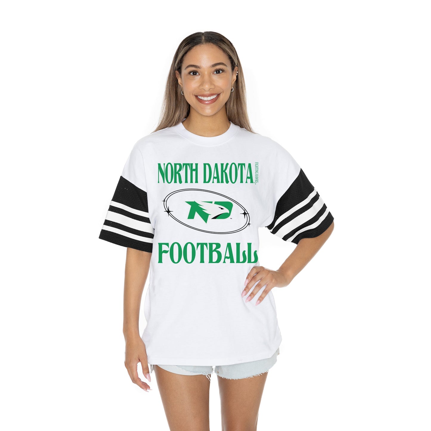 NORTH DAKOTA FIGHTING HAWKS STARTING LINEUP BOLD CONTRAST, OVERSIZED, SPORTY HERITAGE-STRIPED TEE WITH JERSEY MESH SHORT SLEEVES AND RIBBED NECKLINE