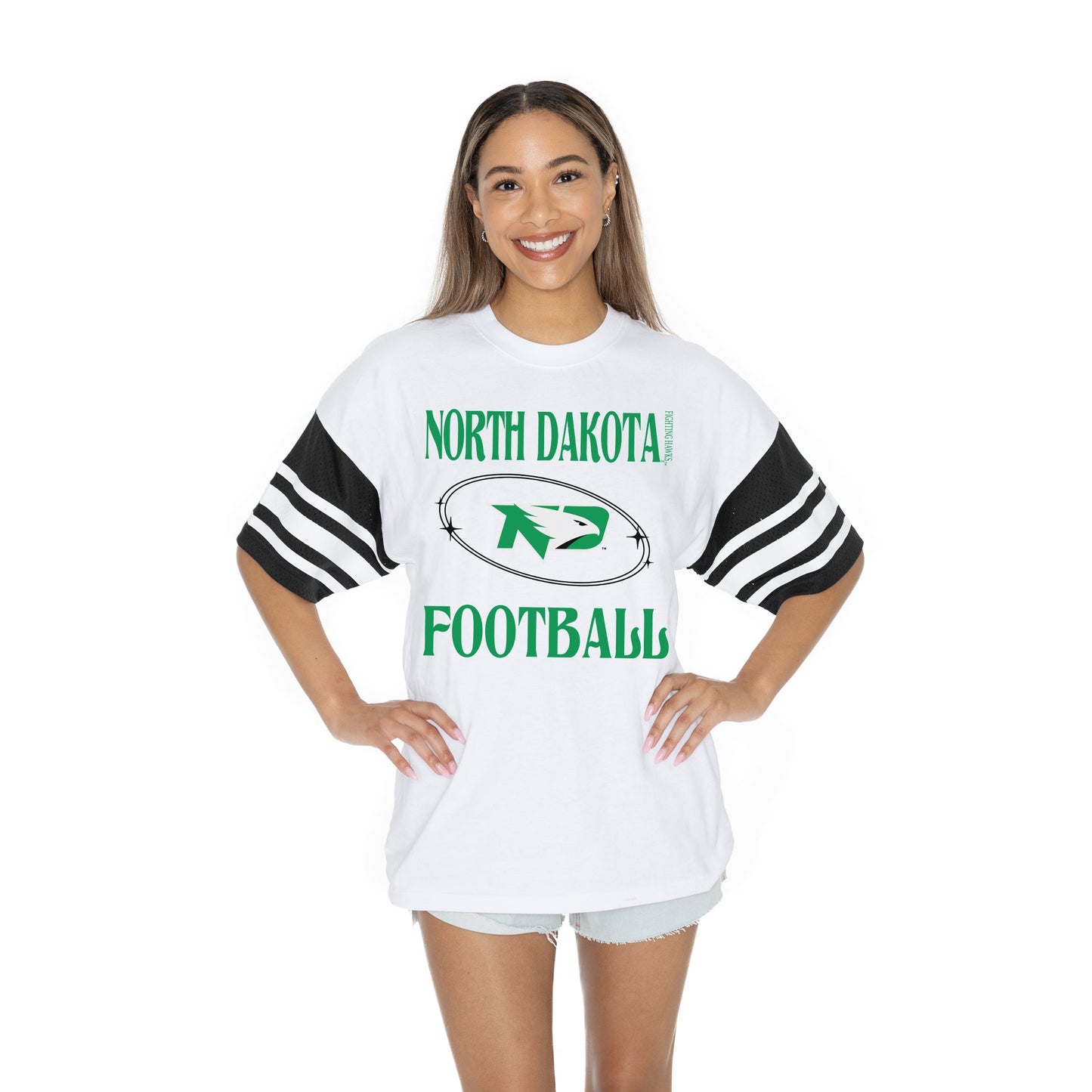 NORTH DAKOTA FIGHTING HAWKS STARTING LINEUP BOLD CONTRAST, OVERSIZED, SPORTY HERITAGE-STRIPED TEE WITH JERSEY MESH SHORT SLEEVES AND RIBBED NECKLINE