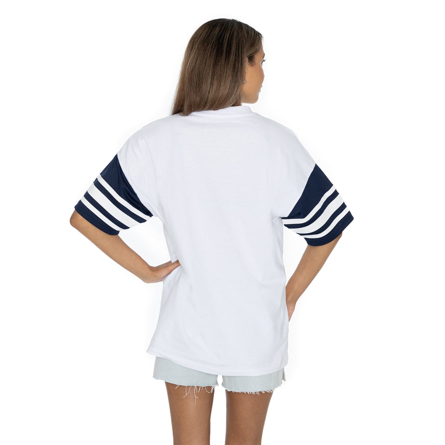 SMU MUSTANGS STARTING LINEUP BOLD CONTRAST, OVERSIZED, SPORTY HERITAGE-STRIPED TEE WITH JERSEY MESH SHORT SLEEVES AND RIBBED NECKLINE