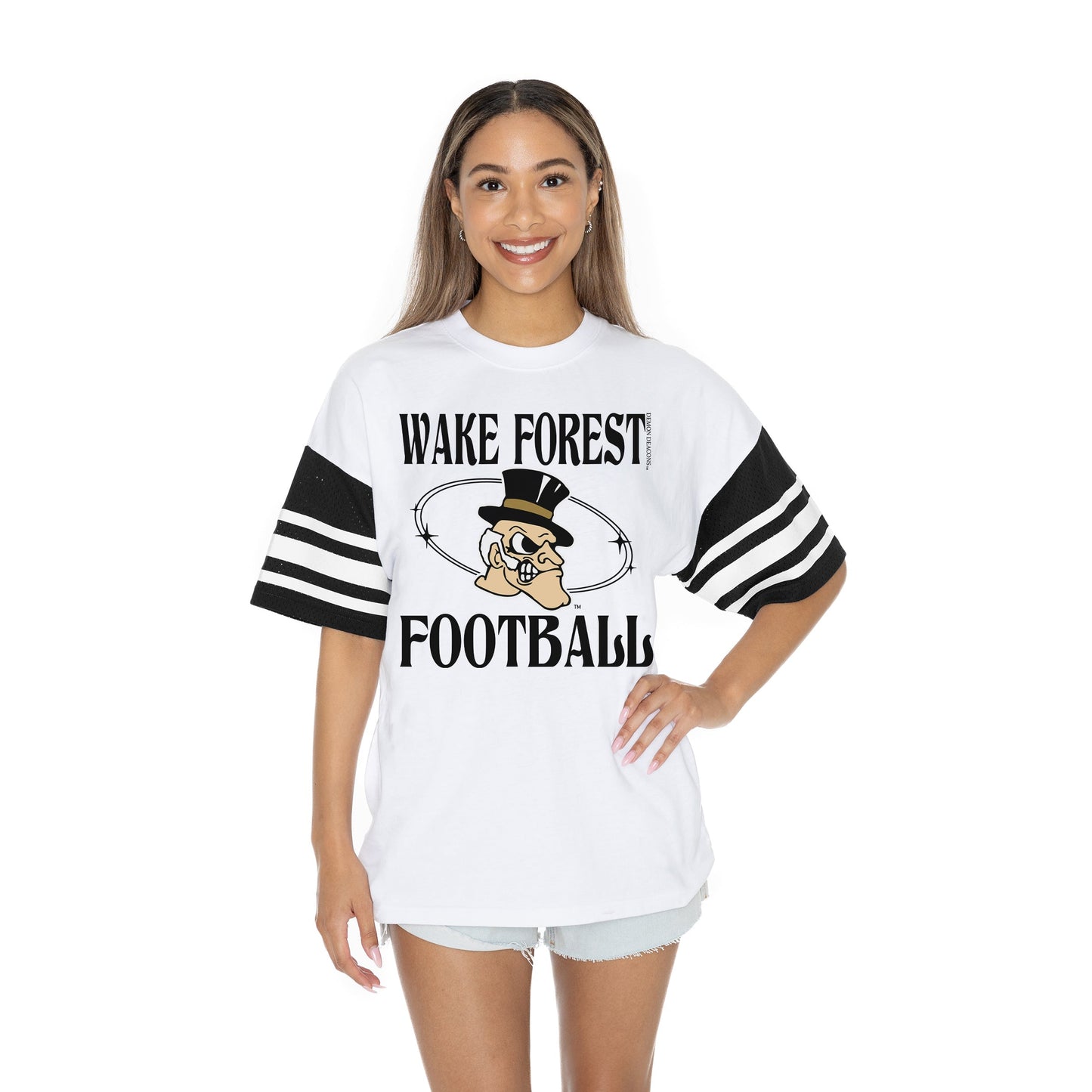 WAKE FOREST DEMON DEACONS STARTING LINEUP BOLD CONTRAST, OVERSIZED, SPORTY HERITAGE-STRIPED TEE WITH JERSEY MESH SHORT SLEEVES AND RIBBED NECKLINE