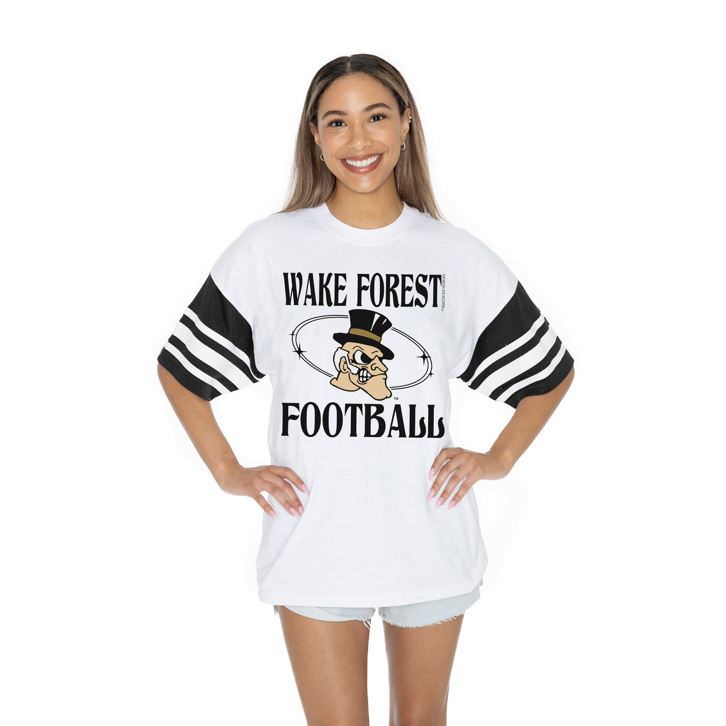 WAKE FOREST DEMON DEACONS STARTING LINEUP BOLD CONTRAST, OVERSIZED, SPORTY HERITAGE-STRIPED TEE WITH JERSEY MESH SHORT SLEEVES AND RIBBED NECKLINE