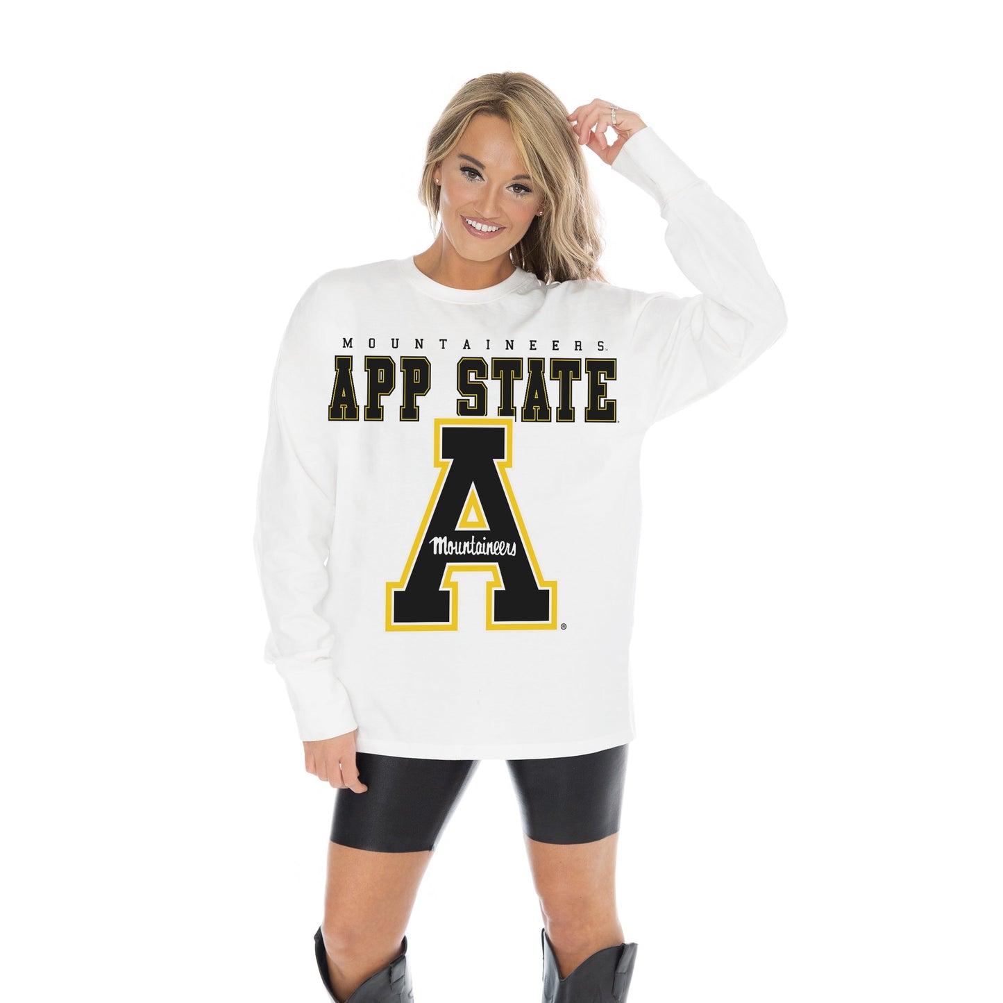 APPALACHIAN STATE MOUNTAINEERS BIG GOALS OVERSIZED MIDWEIGHT LONG SLEEVE TEE WITH RIBBED NECKLINE AND CUFFS