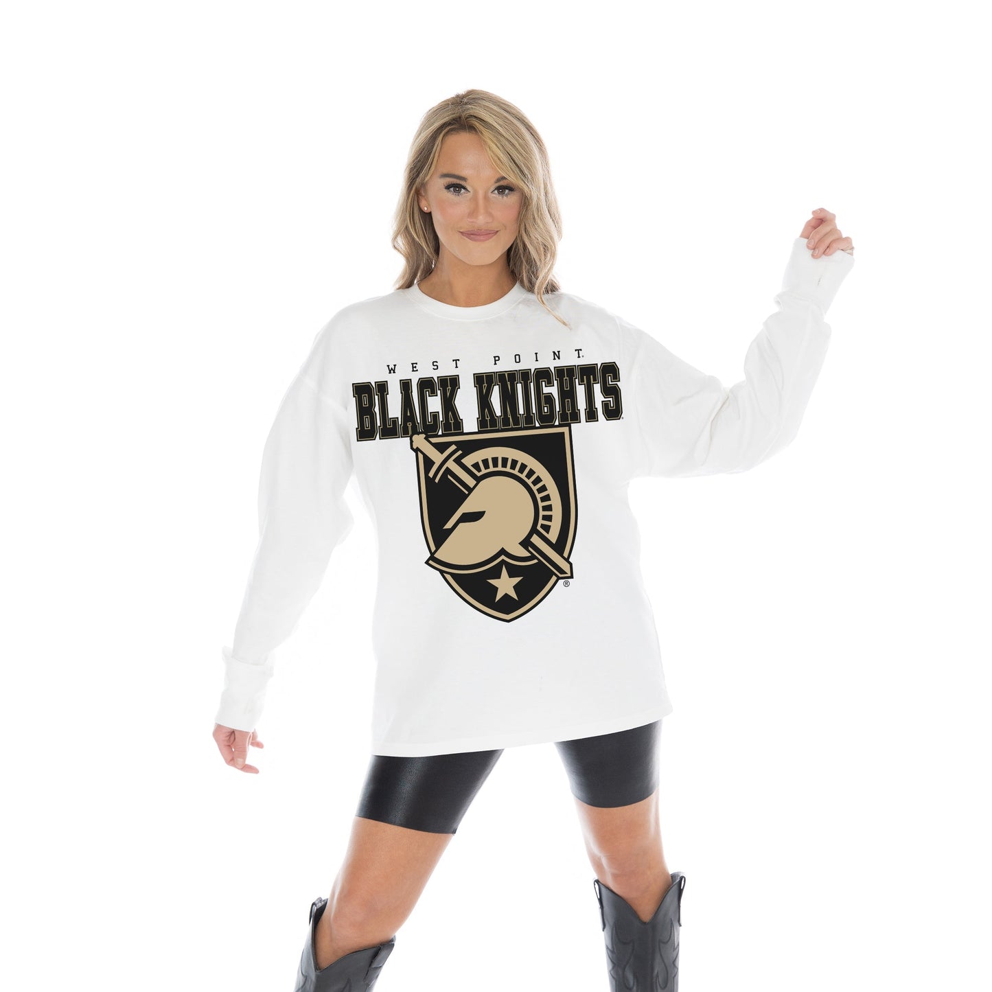 ARMY BLACK KNIGHTS BIG GOALS OVERSIZED MIDWEIGHT LONG SLEEVE TEE WITH RIBBED NECKLINE AND CUFFS