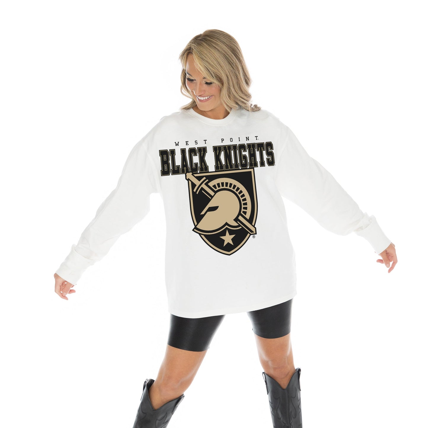 ARMY BLACK KNIGHTS BIG GOALS OVERSIZED MIDWEIGHT LONG SLEEVE TEE WITH RIBBED NECKLINE AND CUFFS