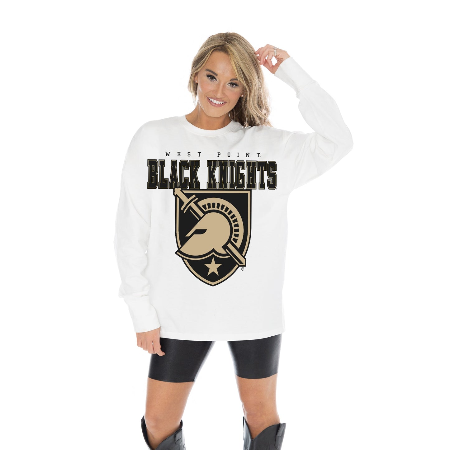 ARMY BLACK KNIGHTS BIG GOALS OVERSIZED MIDWEIGHT LONG SLEEVE TEE WITH RIBBED NECKLINE AND CUFFS