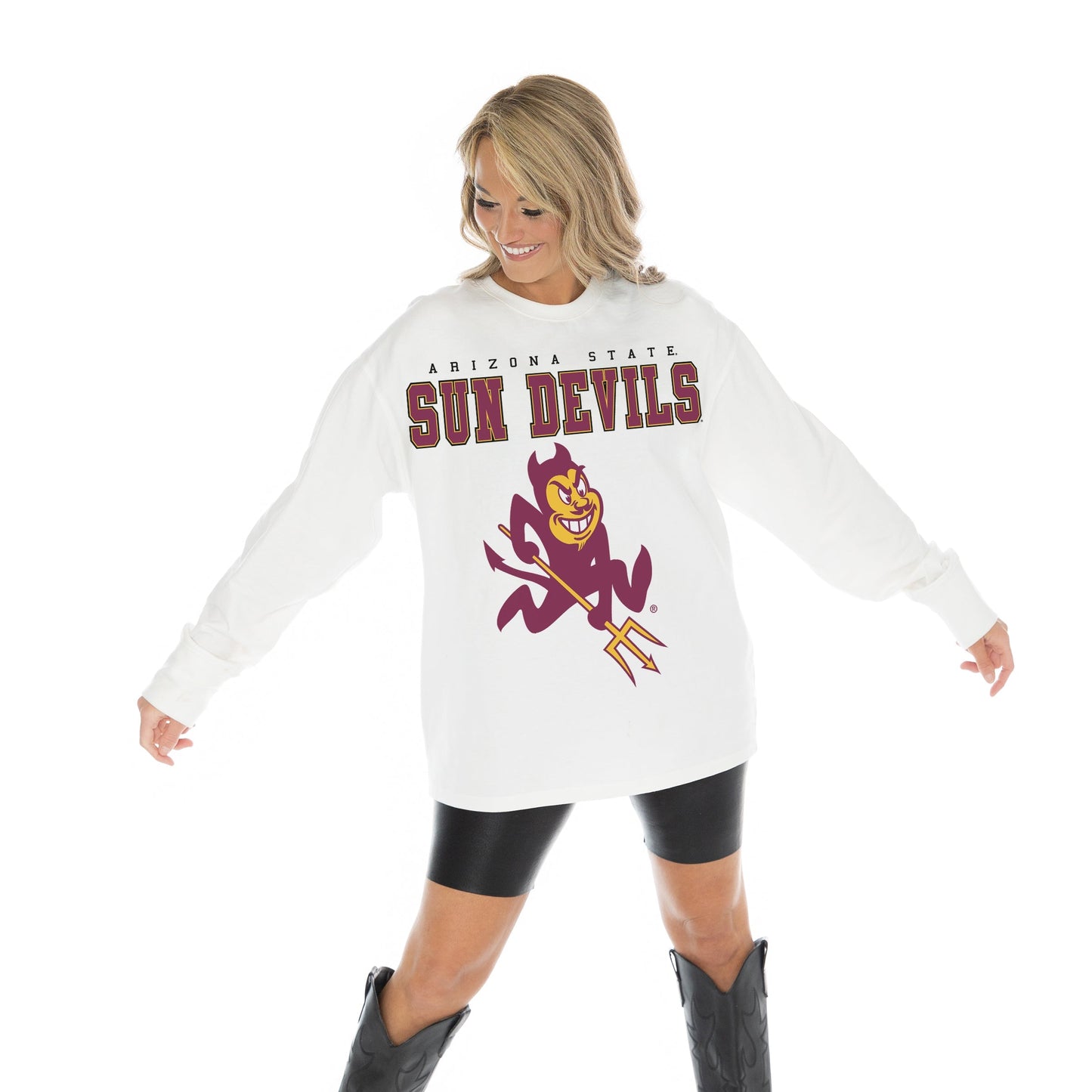 ARIZONA STATE SUN DEVILS BIG GOALS OVERSIZED MIDWEIGHT LONG SLEEVE TEE WITH RIBBED NECKLINE AND CUFFS