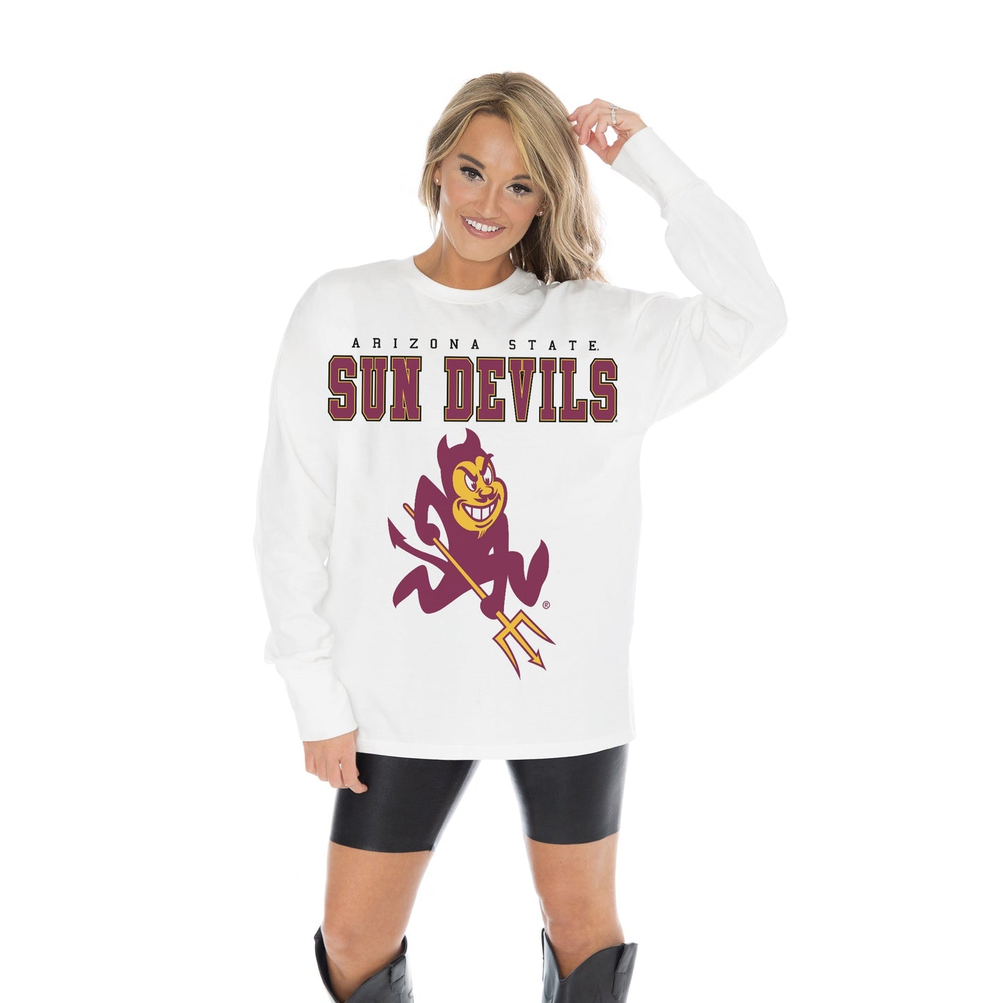 ARIZONA STATE SUN DEVILS BIG GOALS OVERSIZED MIDWEIGHT LONG SLEEVE TEE WITH RIBBED NECKLINE AND CUFFS