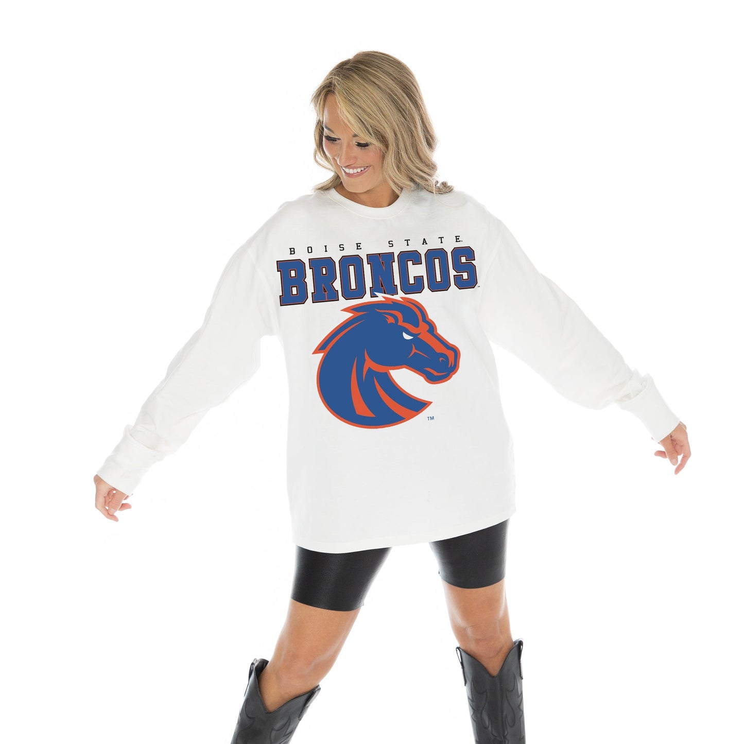 BOISE STATE BRONCOS BIG GOALS OVERSIZED MIDWEIGHT LONG SLEEVE TEE WITH RIBBED NECKLINE AND CUFFS