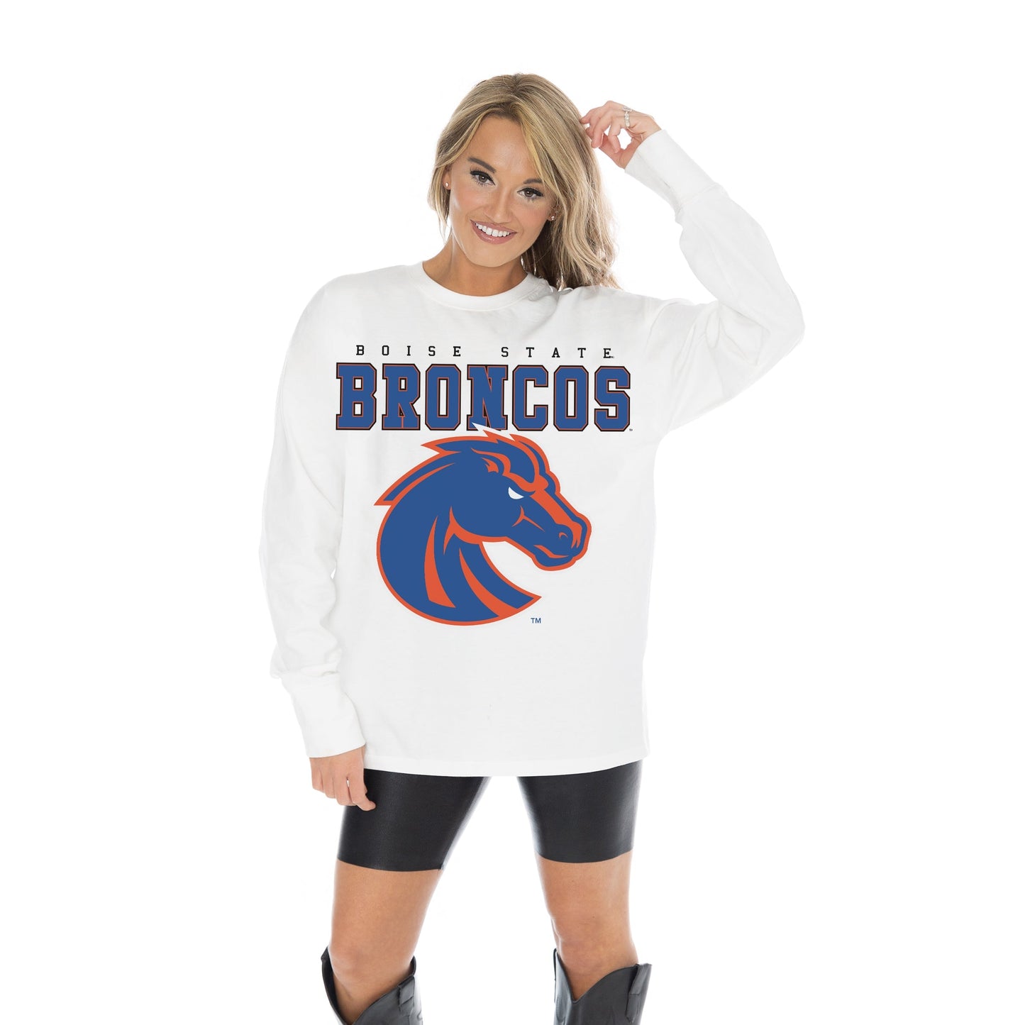 BOISE STATE BRONCOS BIG GOALS OVERSIZED MIDWEIGHT LONG SLEEVE TEE WITH RIBBED NECKLINE AND CUFFS