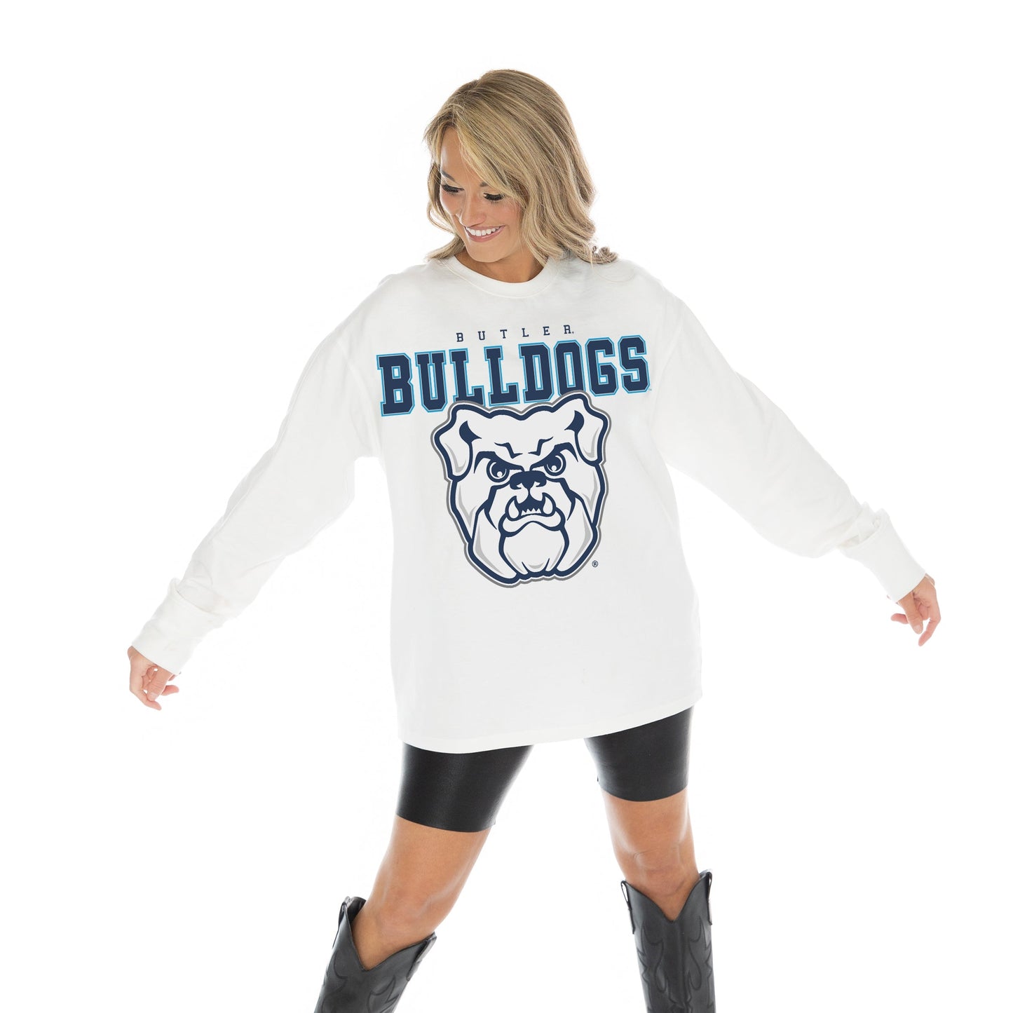 BUTLER BULLDOGS BIG GOALS OVERSIZED MIDWEIGHT LONG SLEEVE TEE WITH RIBBED NECKLINE AND CUFFS