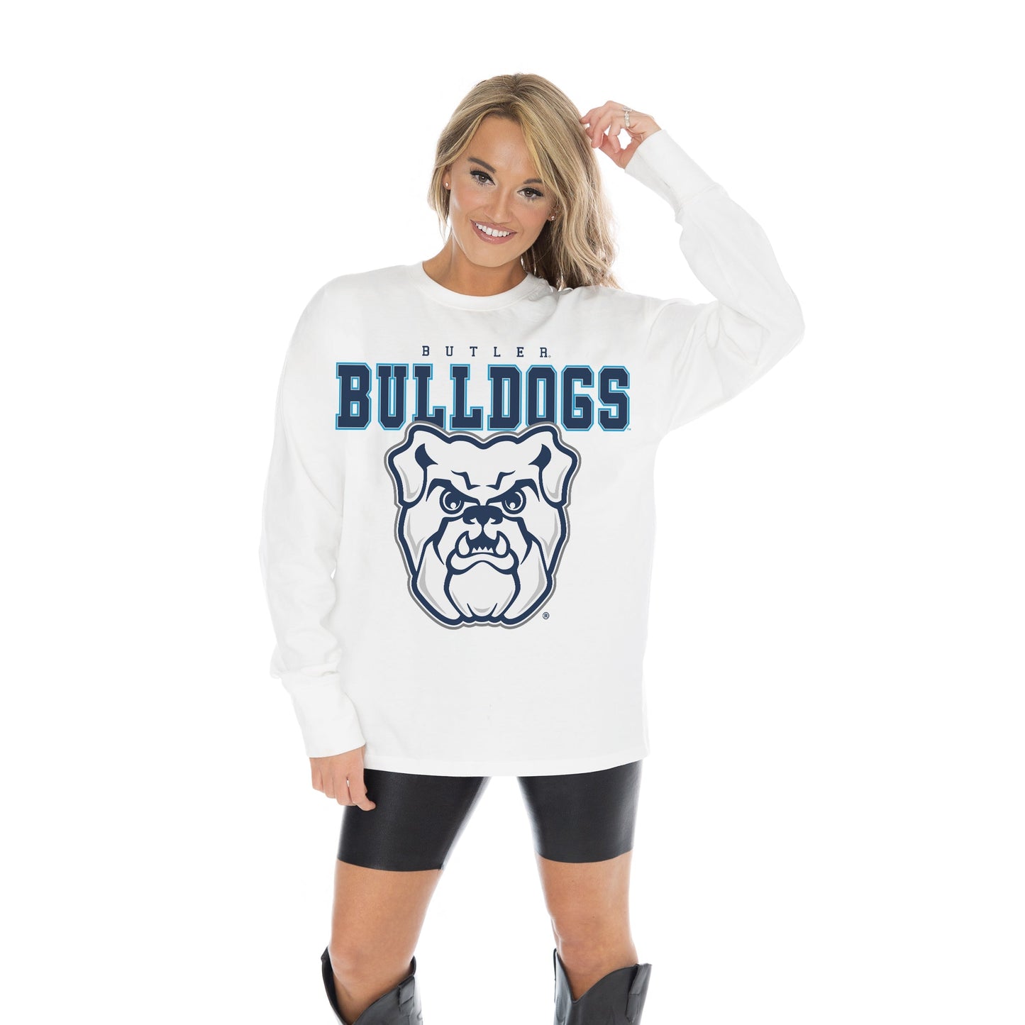 BUTLER BULLDOGS BIG GOALS OVERSIZED MIDWEIGHT LONG SLEEVE TEE WITH RIBBED NECKLINE AND CUFFS