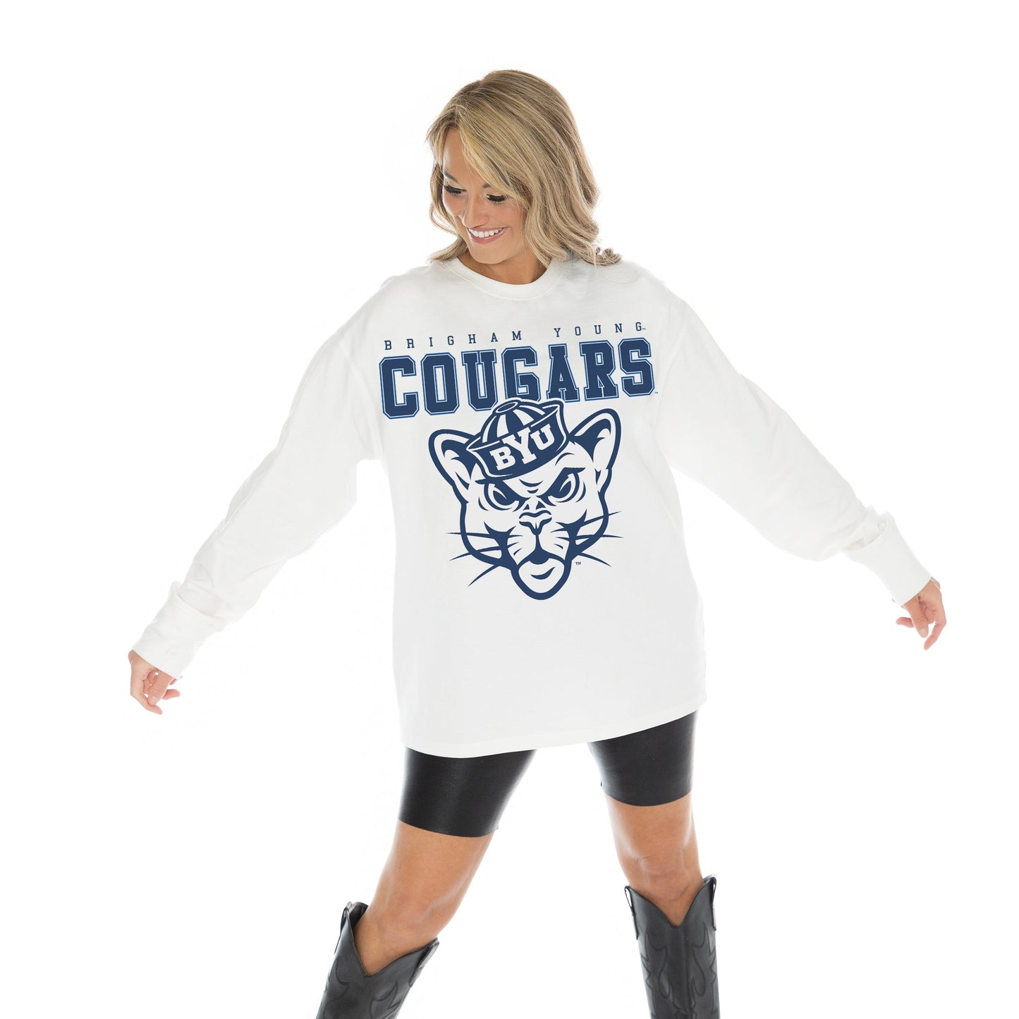 BYU COUGARS BIG GOALS OVERSIZED MIDWEIGHT LONG SLEEVE TEE WITH RIBBED NECKLINE AND CUFFS