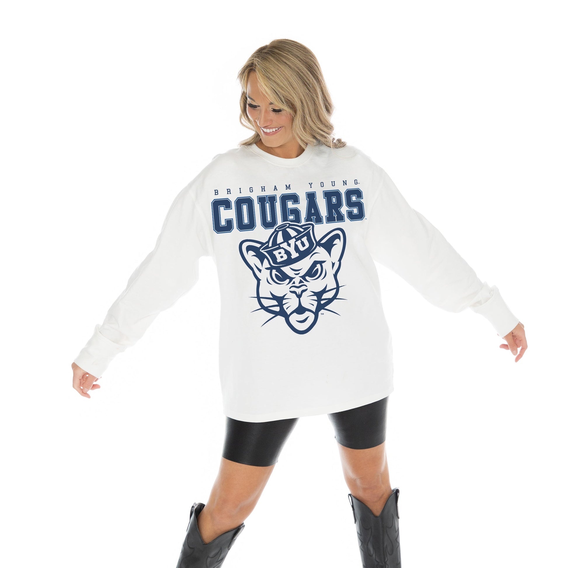 BYU COUGARS BIG GOALS OVERSIZED MIDWEIGHT LONG SLEEVE TEE WITH RIBBED NECKLINE AND CUFFS