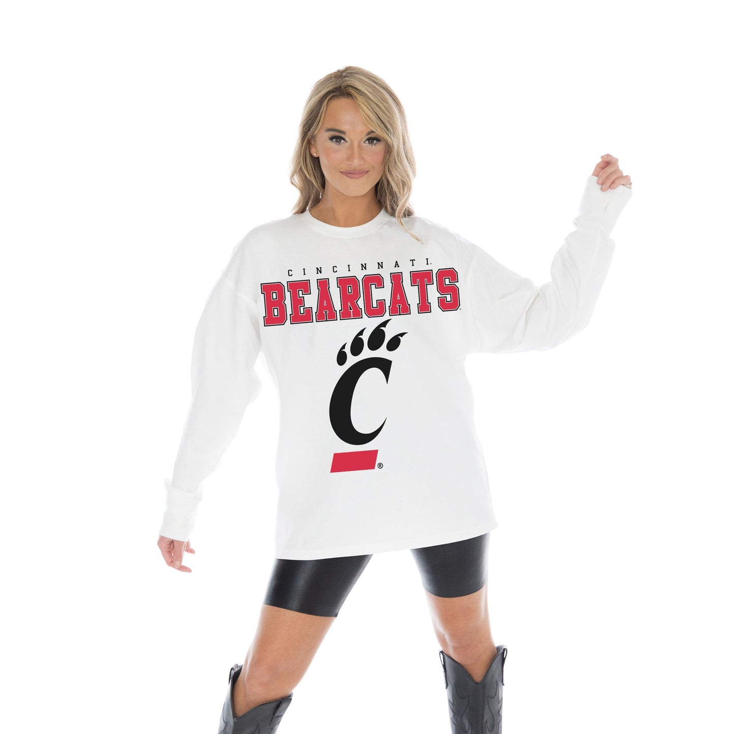 CINCINNATI BEARCATS BIG GOALS OVERSIZED MIDWEIGHT LONG SLEEVE TEE WITH RIBBED NECKLINE AND CUFFS