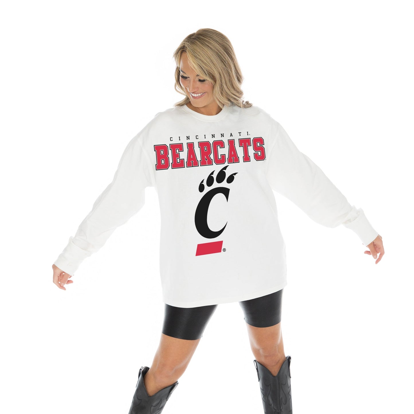 CINCINNATI BEARCATS BIG GOALS OVERSIZED MIDWEIGHT LONG SLEEVE TEE WITH RIBBED NECKLINE AND CUFFS