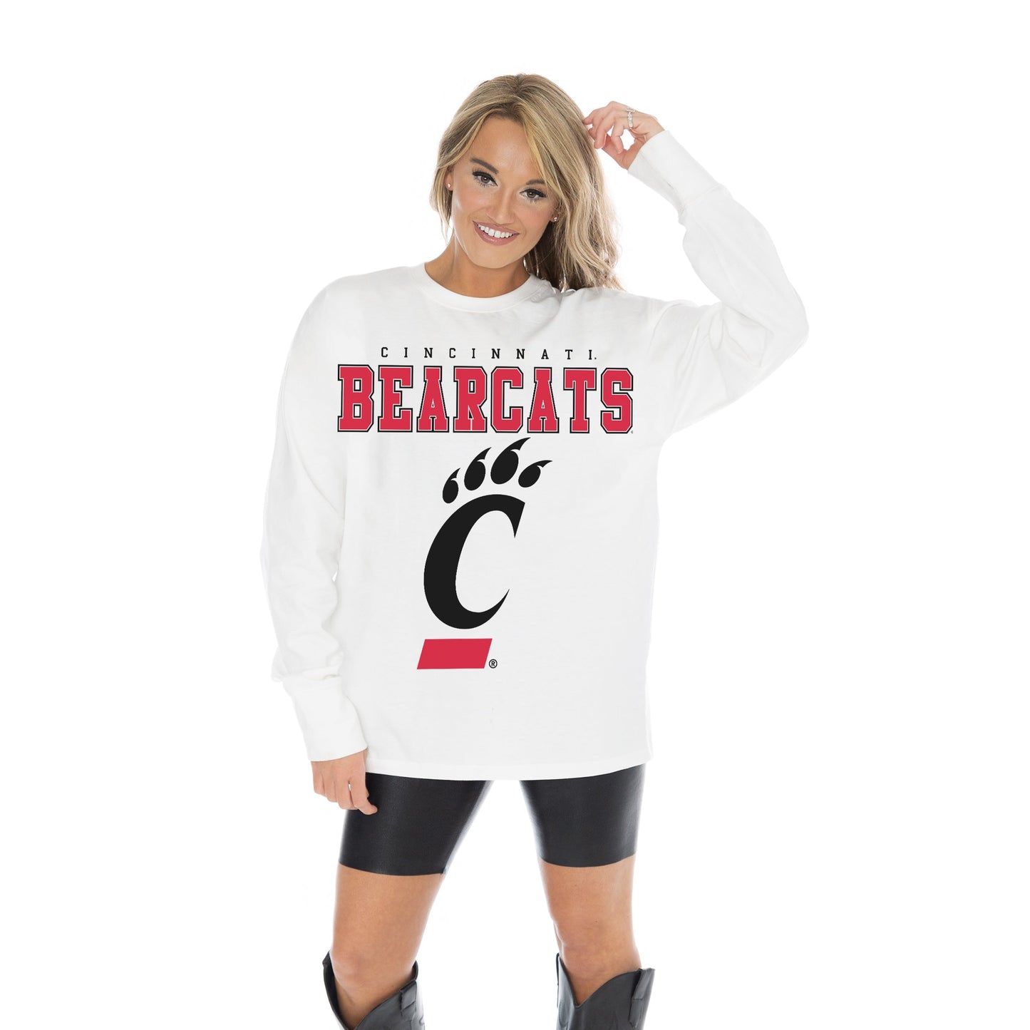 CINCINNATI BEARCATS BIG GOALS OVERSIZED MIDWEIGHT LONG SLEEVE TEE WITH RIBBED NECKLINE AND CUFFS