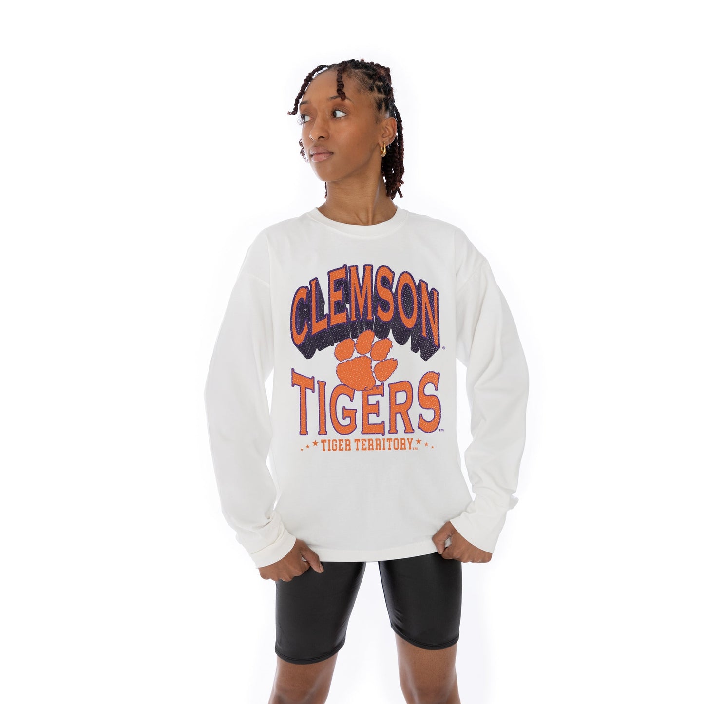 CLEMSON TIGERS TIME OUT OVERSIZED MIDWEIGHT LONG SLEEVE TEE WITH RIBBED NECKLINE AND CUFFS