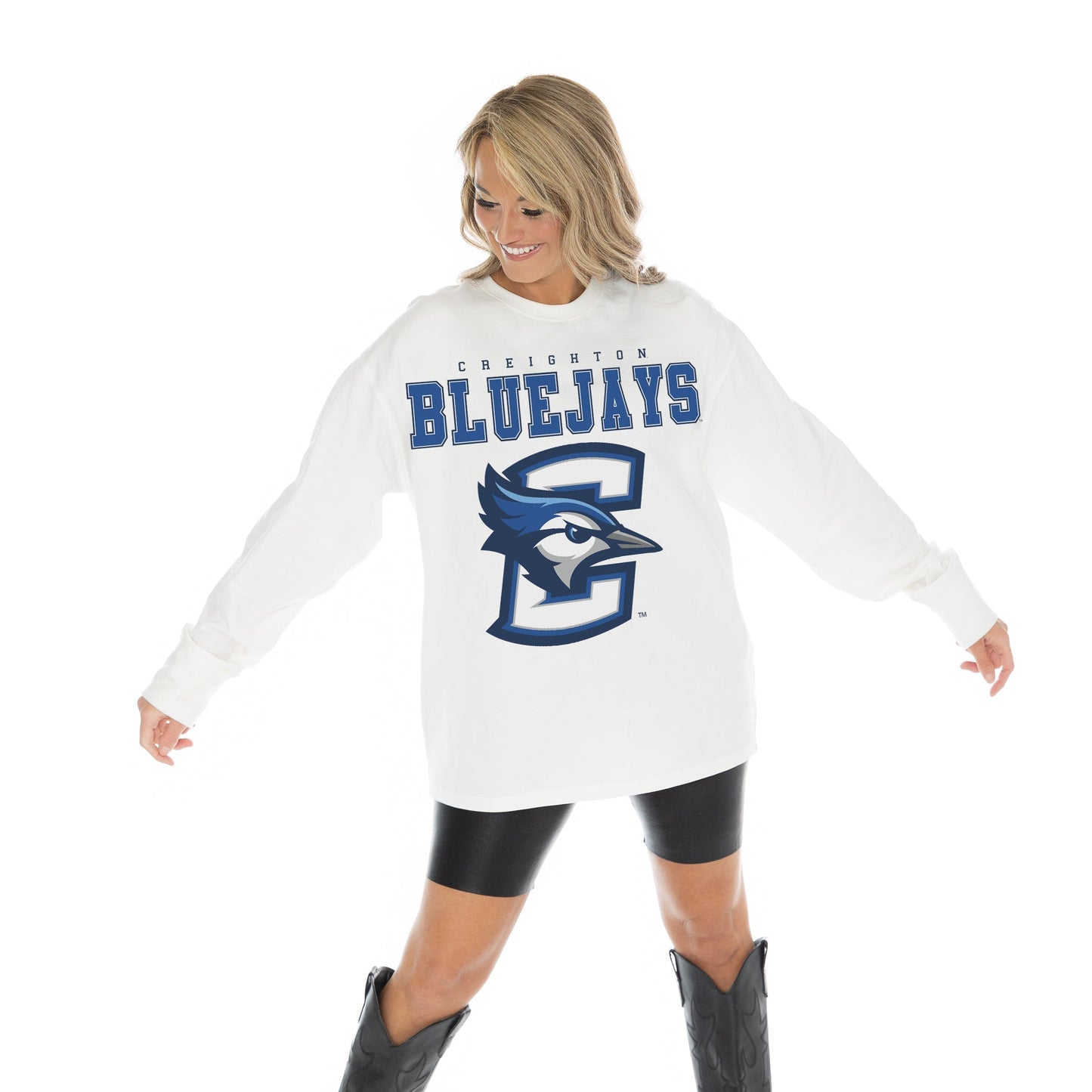 CREIGHTON BLUEJAYS BIG GOALS OVERSIZED MIDWEIGHT LONG SLEEVE TEE WITH RIBBED NECKLINE AND CUFFS