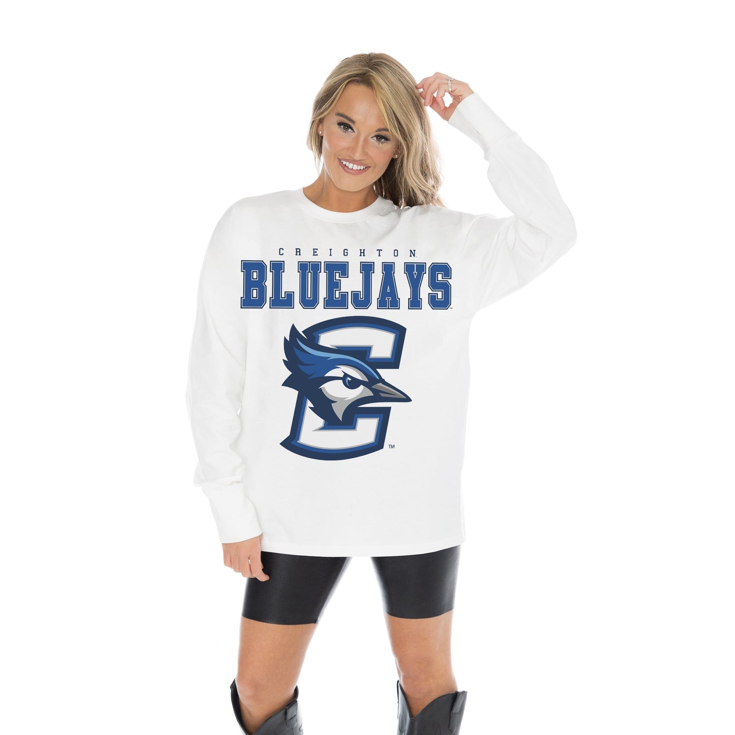 CREIGHTON BLUEJAYS BIG GOALS OVERSIZED MIDWEIGHT LONG SLEEVE TEE WITH RIBBED NECKLINE AND CUFFS