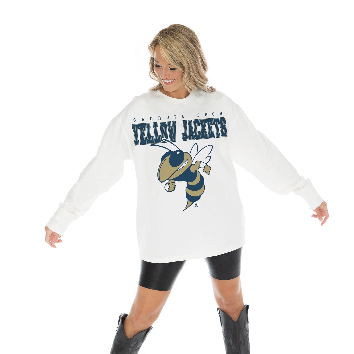 GEORGIA TECH YELLOW JACKETS BIG GOALS OVERSIZED MIDWEIGHT LONG SLEEVE TEE WITH RIBBED NECKLINE AND CUFFS