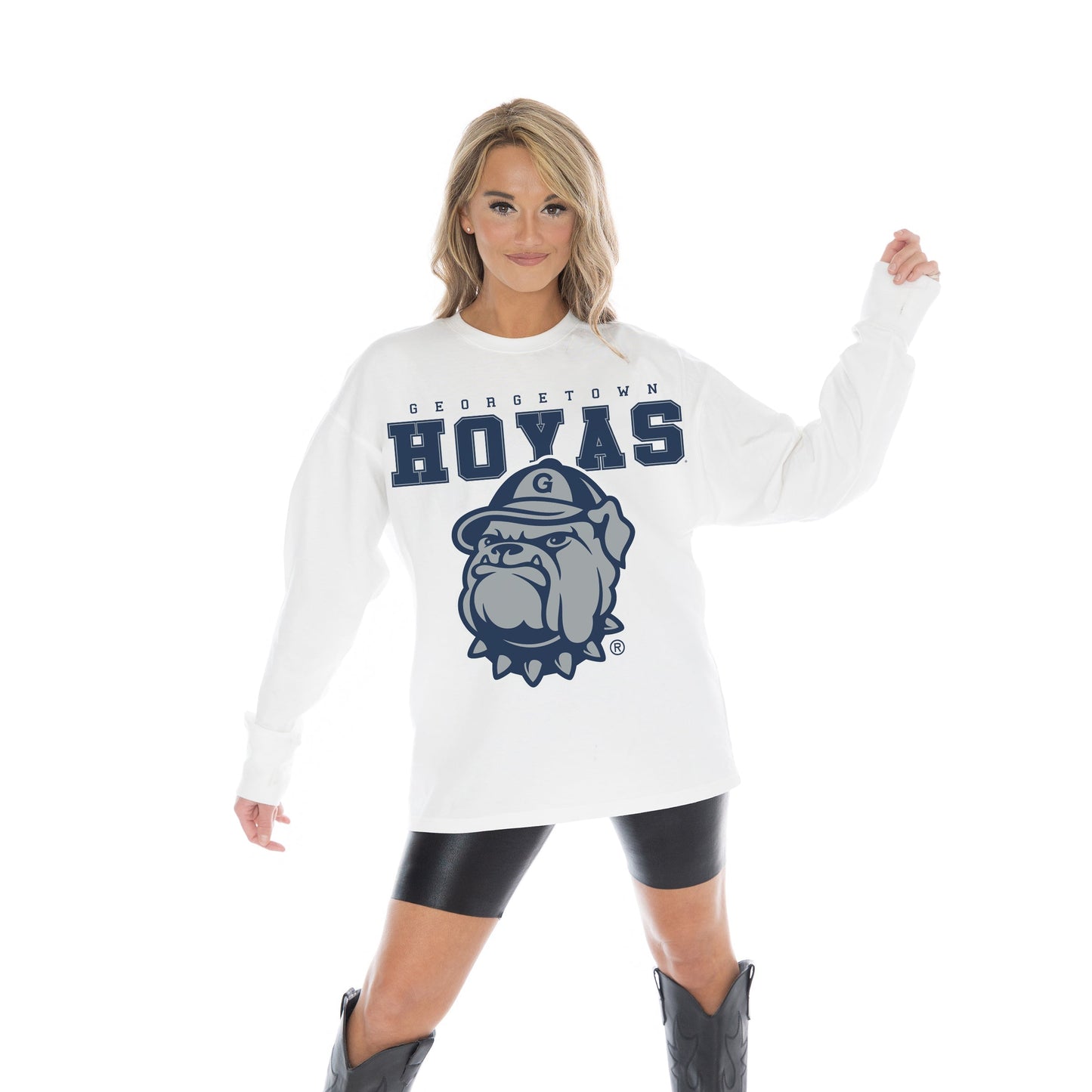 GEORGETOWN HOYAS BIG GOALS OVERSIZED MIDWEIGHT LONG SLEEVE TEE WITH RIBBED NECKLINE AND CUFFS