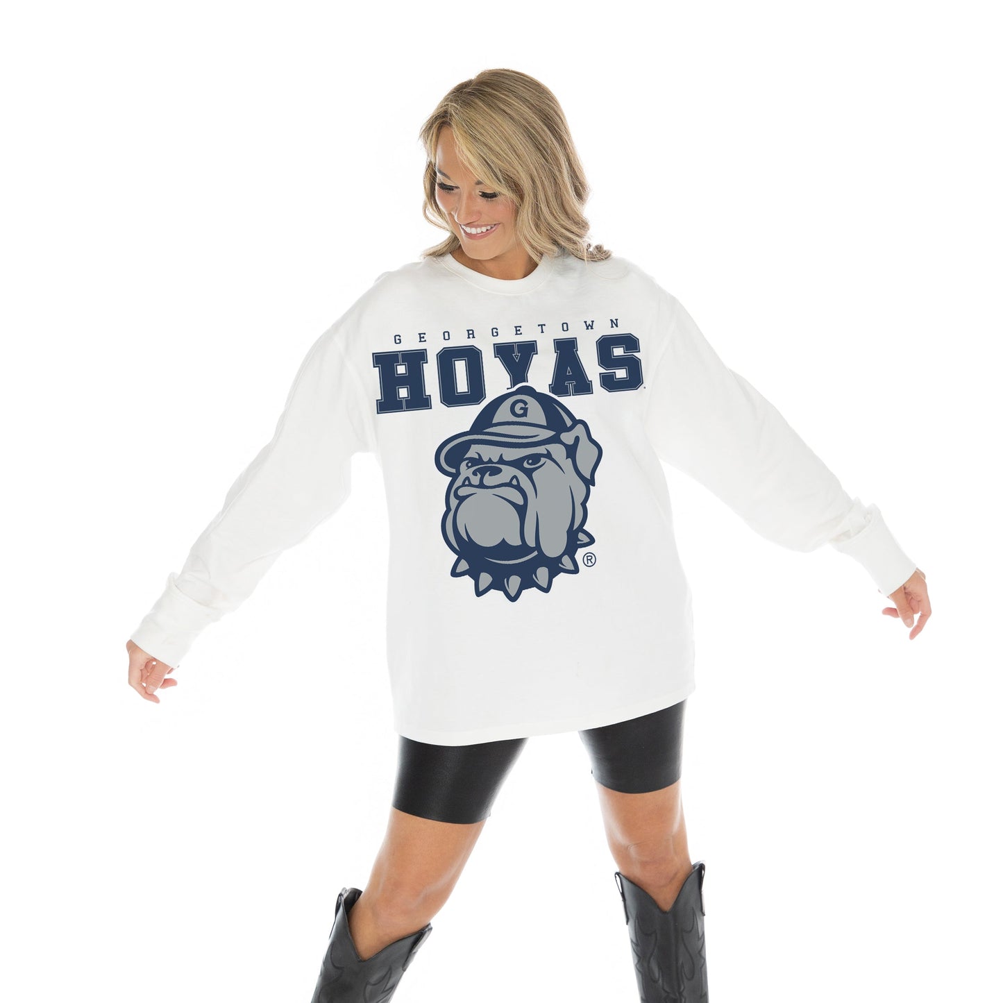 GEORGETOWN HOYAS BIG GOALS OVERSIZED MIDWEIGHT LONG SLEEVE TEE WITH RIBBED NECKLINE AND CUFFS