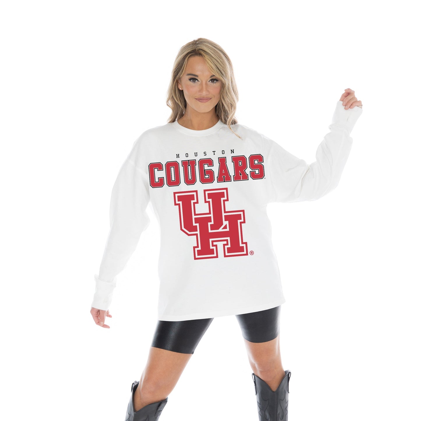 HOUSTON COUGARS BIG GOALS OVERSIZED MIDWEIGHT LONG SLEEVE TEE WITH RIBBED NECKLINE AND CUFFS