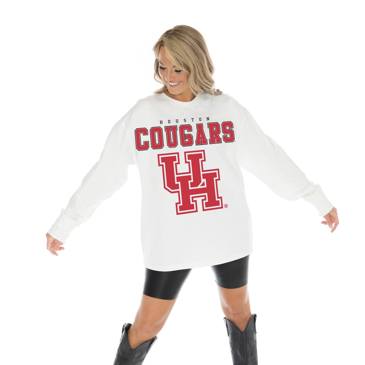 HOUSTON COUGARS BIG GOALS OVERSIZED MIDWEIGHT LONG SLEEVE TEE WITH RIBBED NECKLINE AND CUFFS