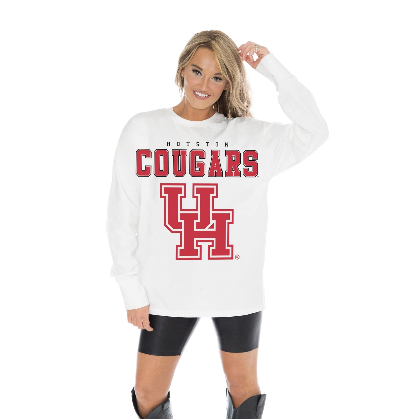 HOUSTON COUGARS BIG GOALS OVERSIZED MIDWEIGHT LONG SLEEVE TEE WITH RIBBED NECKLINE AND CUFFS