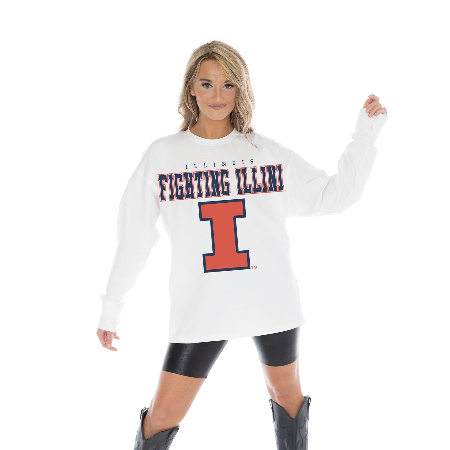 ILLINOIS FIGHTING ILLINI BIG GOALS OVERSIZED MIDWEIGHT LONG SLEEVE TEE WITH RIBBED NECKLINE AND CUFFS