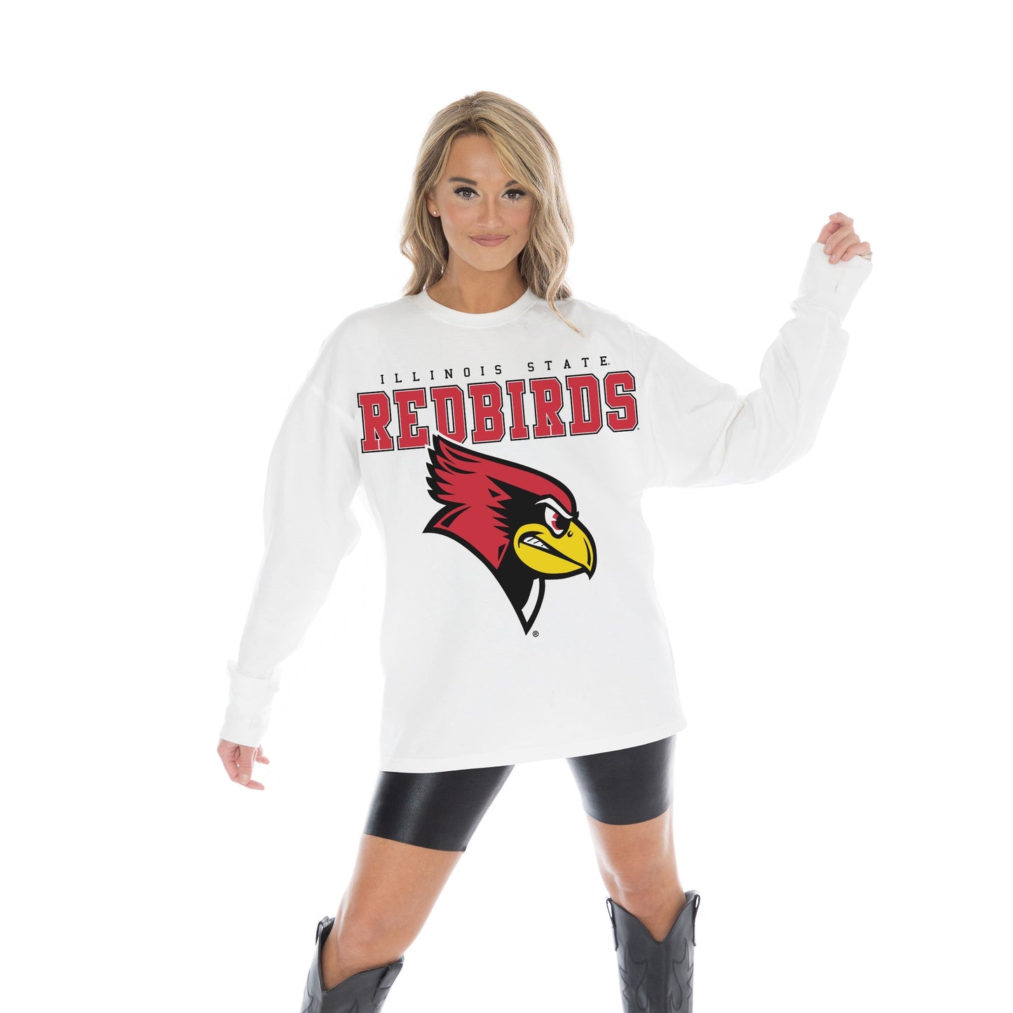 ILLINOIS STATE REDBIRDS BIG GOALS OVERSIZED MIDWEIGHT LONG SLEEVE TEE WITH RIBBED NECKLINE AND CUFFS