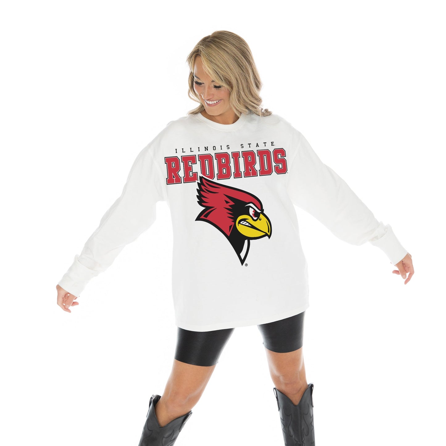 ILLINOIS STATE REDBIRDS BIG GOALS OVERSIZED MIDWEIGHT LONG SLEEVE TEE WITH RIBBED NECKLINE AND CUFFS