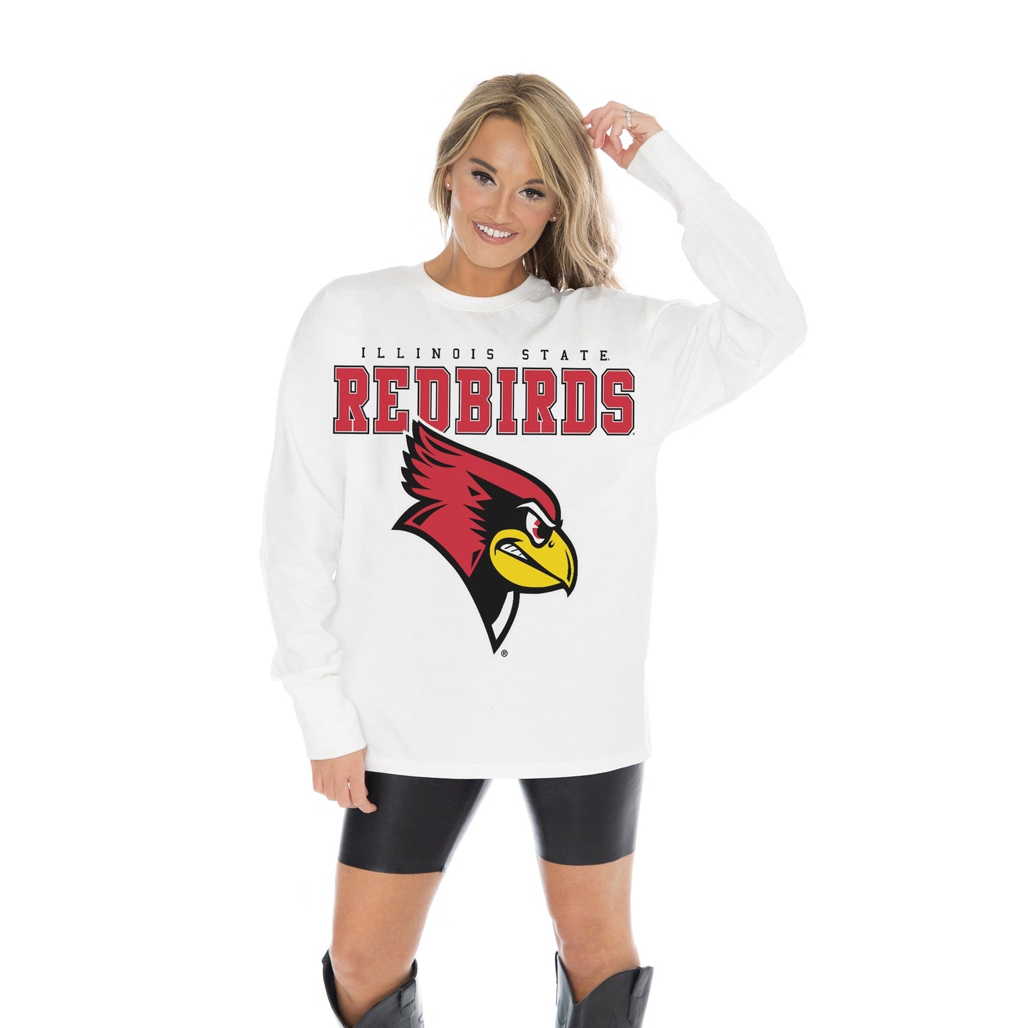 ILLINOIS STATE REDBIRDS BIG GOALS OVERSIZED MIDWEIGHT LONG SLEEVE TEE WITH RIBBED NECKLINE AND CUFFS