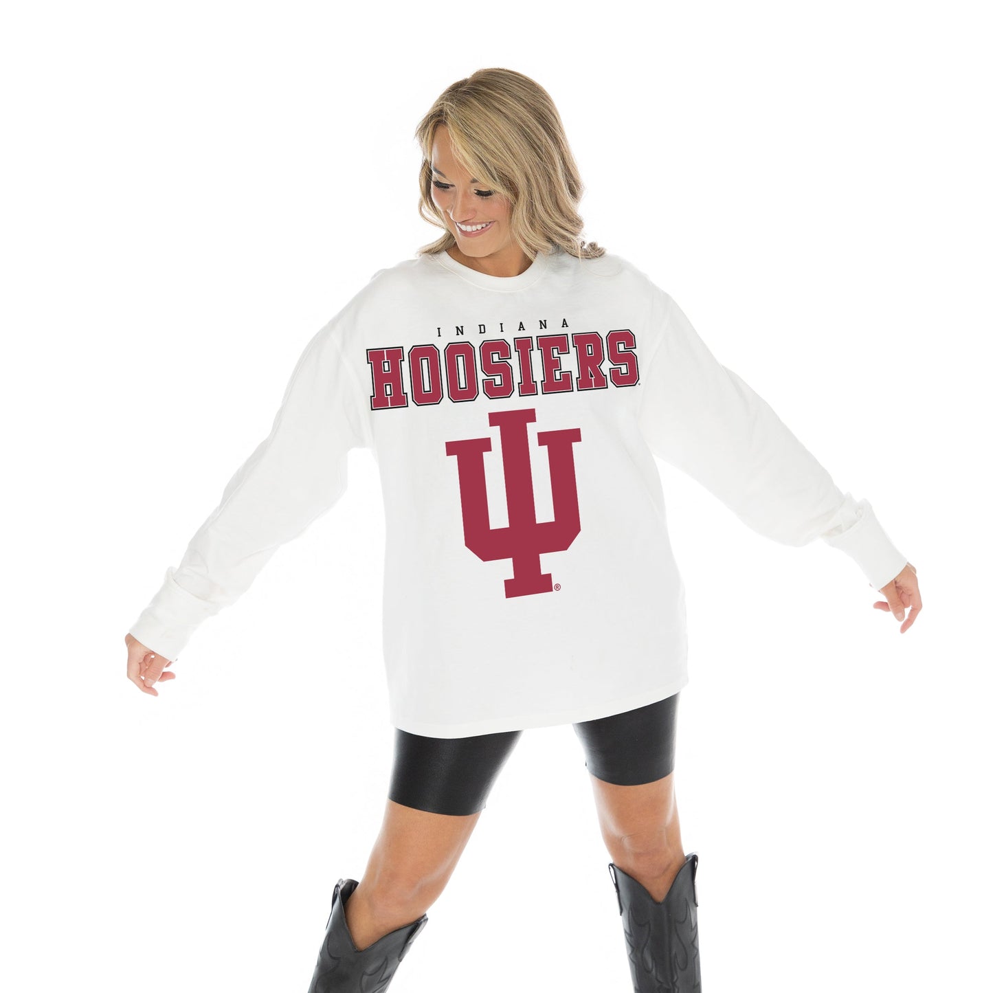 INDIANA HOOSIERS BIG GOALS OVERSIZED MIDWEIGHT LONG SLEEVE TEE WITH RIBBED NECKLINE AND CUFFS