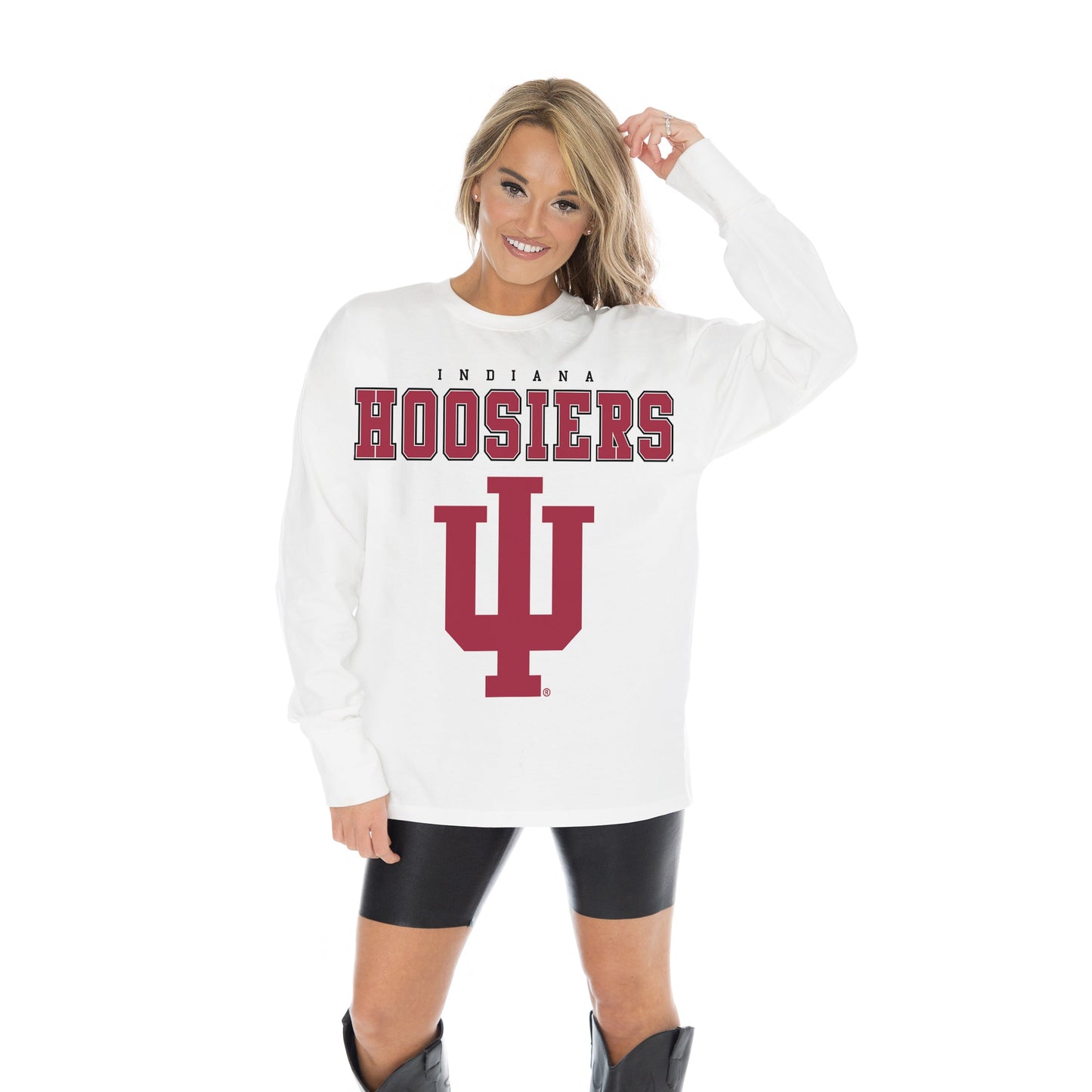 INDIANA HOOSIERS BIG GOALS OVERSIZED MIDWEIGHT LONG SLEEVE TEE WITH RIBBED NECKLINE AND CUFFS