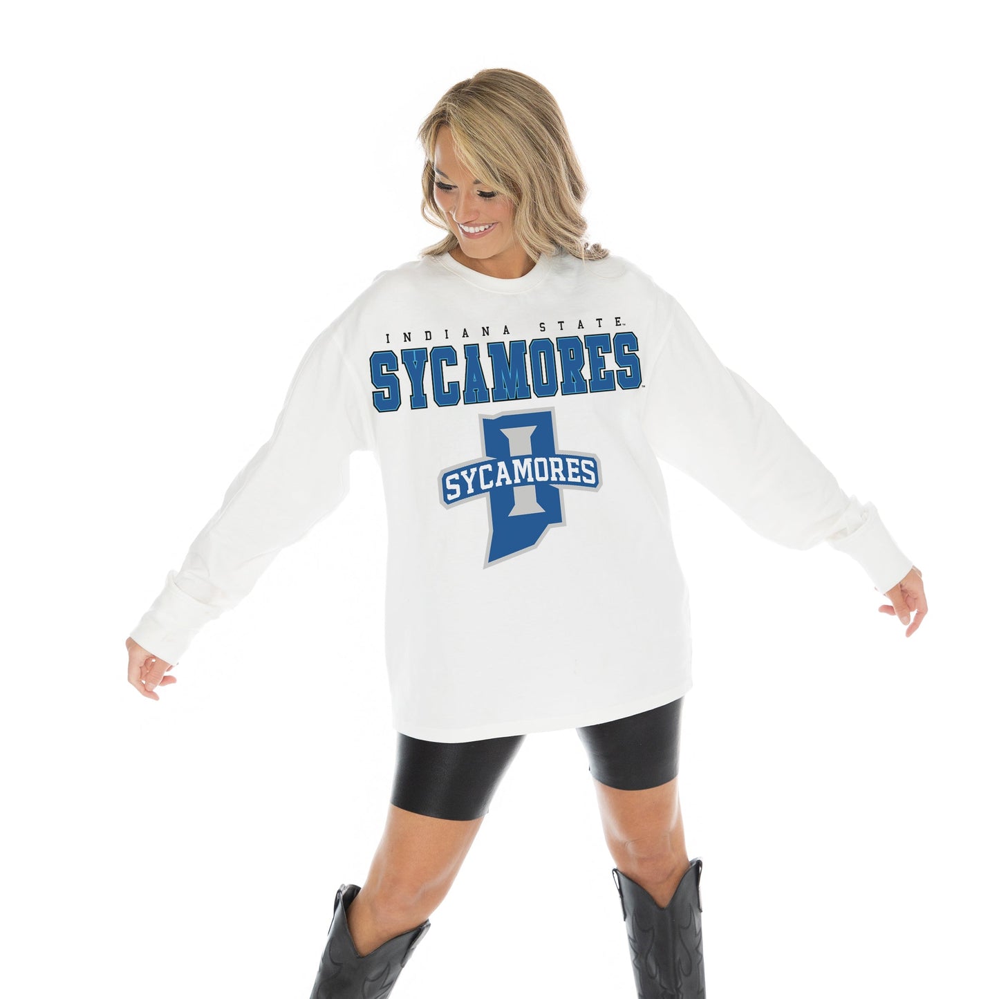 INDIANA STATE SYCAMORES BIG GOALS OVERSIZED MIDWEIGHT LONG SLEEVE TEE WITH RIBBED NECKLINE AND CUFFS