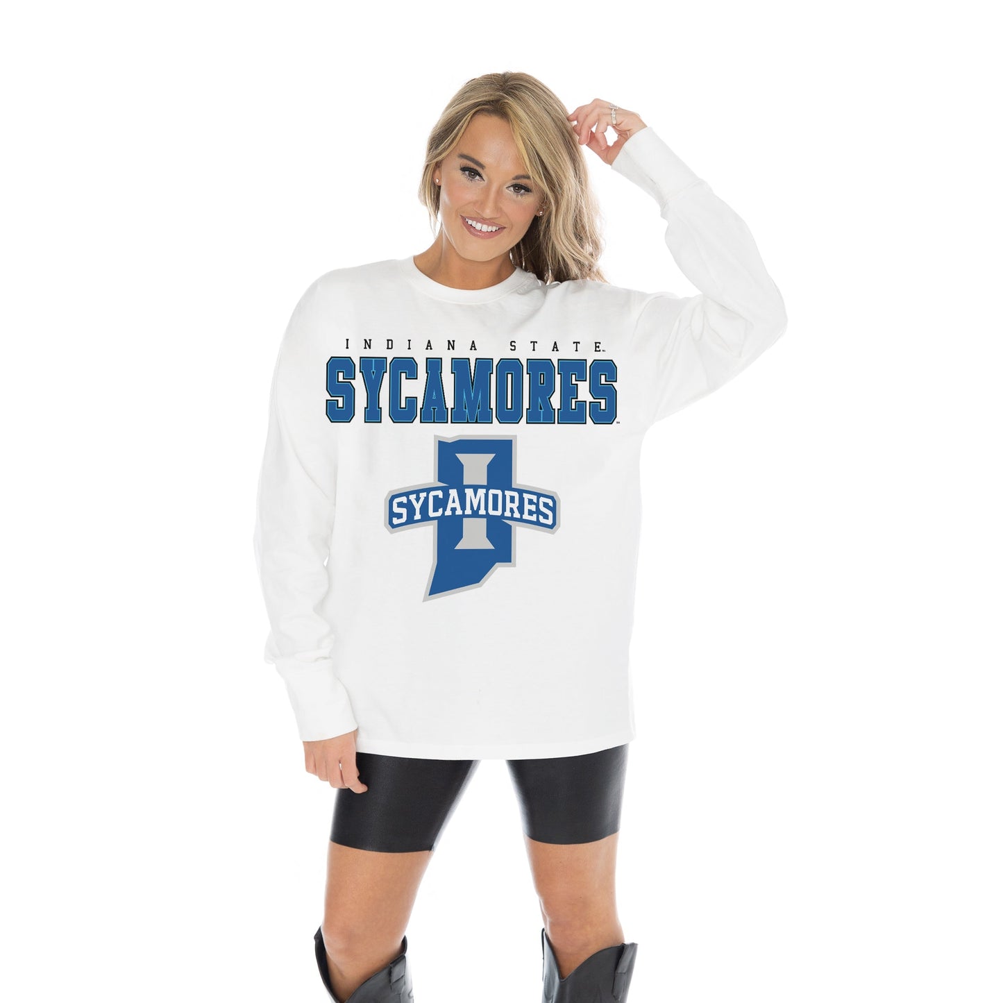 INDIANA STATE SYCAMORES BIG GOALS OVERSIZED MIDWEIGHT LONG SLEEVE TEE WITH RIBBED NECKLINE AND CUFFS