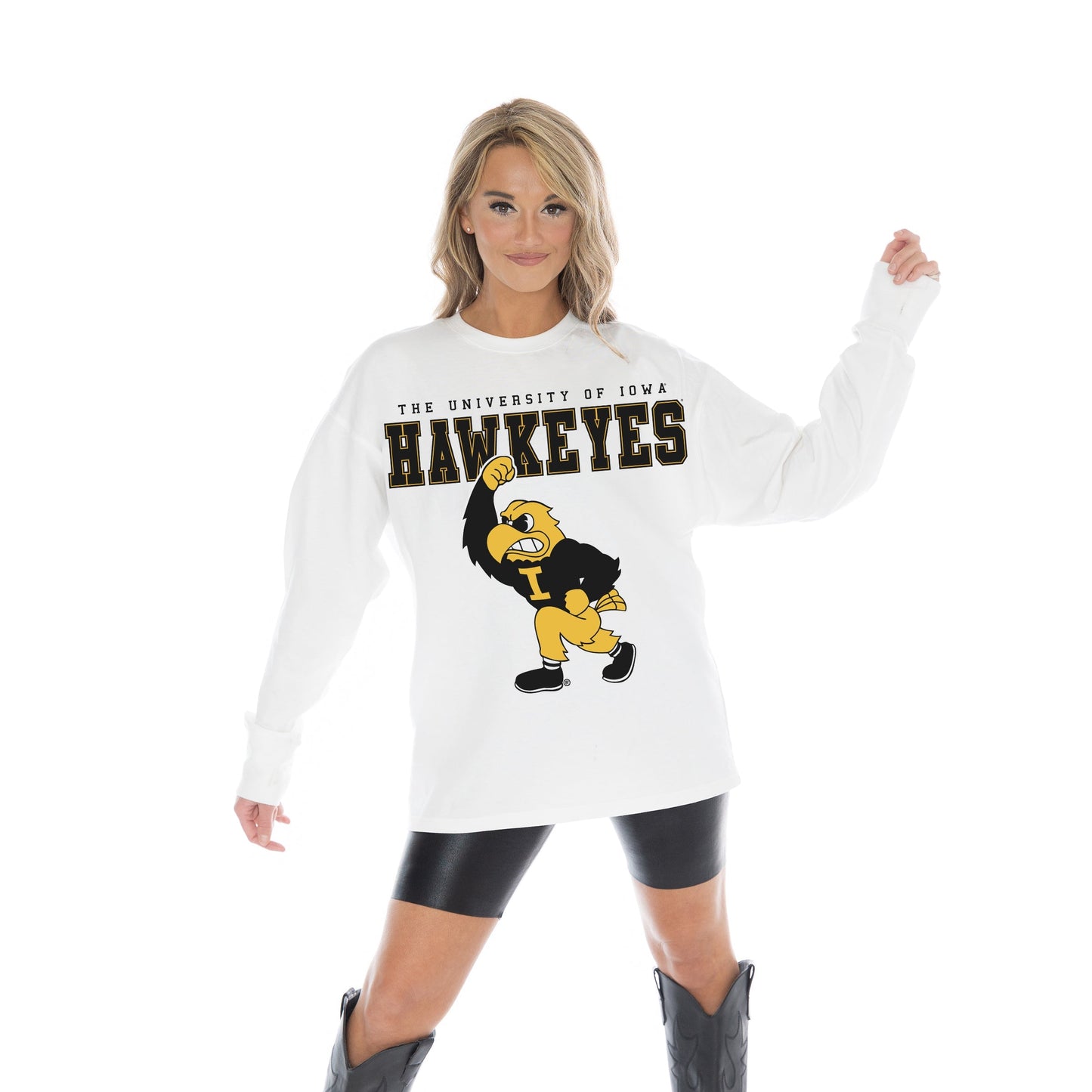 IOWA HAWKEYES BIG GOALS OVERSIZED MIDWEIGHT LONG SLEEVE TEE WITH RIBBED NECKLINE AND CUFFS