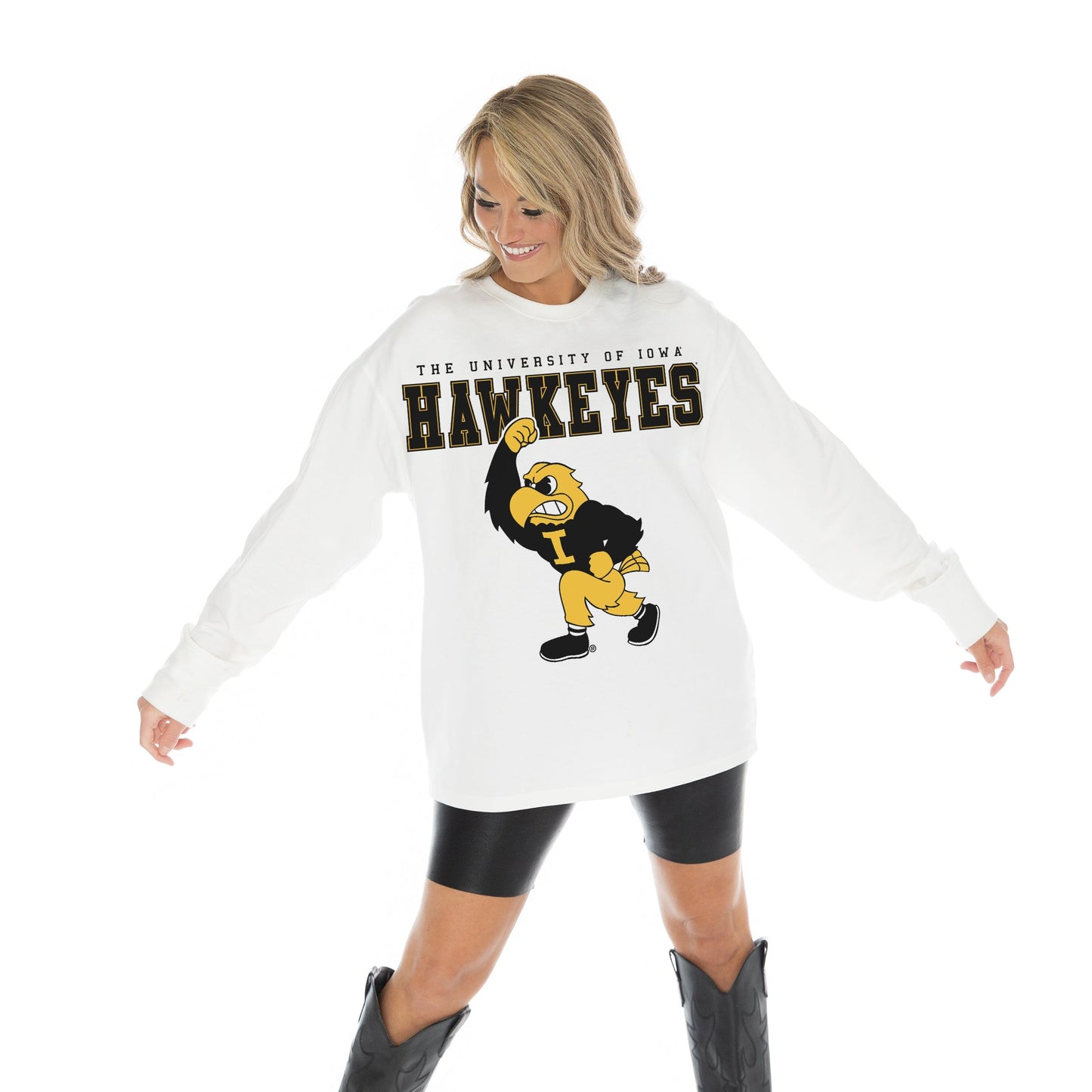 IOWA HAWKEYES BIG GOALS OVERSIZED MIDWEIGHT LONG SLEEVE TEE WITH RIBBED NECKLINE AND CUFFS