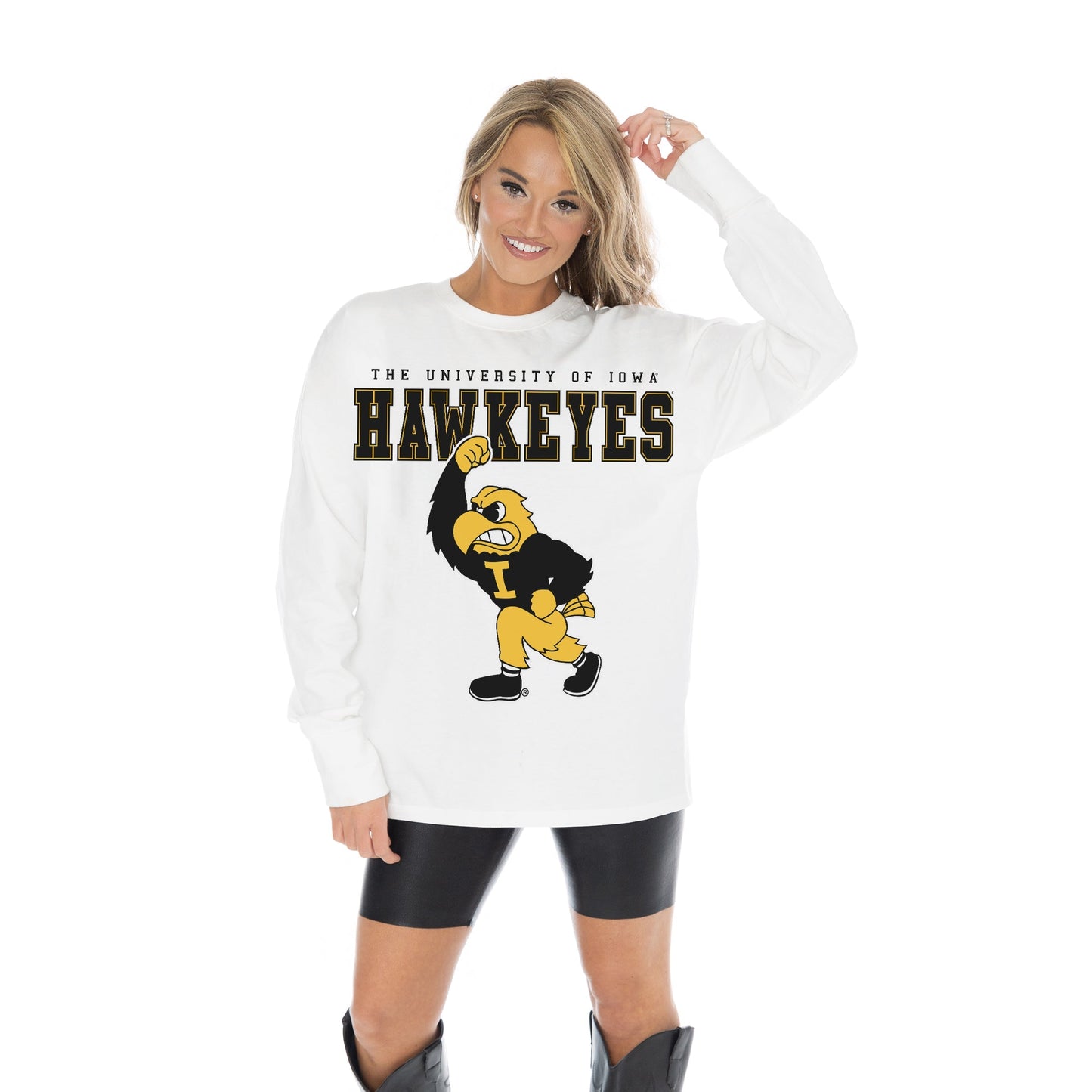 IOWA HAWKEYES BIG GOALS OVERSIZED MIDWEIGHT LONG SLEEVE TEE WITH RIBBED NECKLINE AND CUFFS
