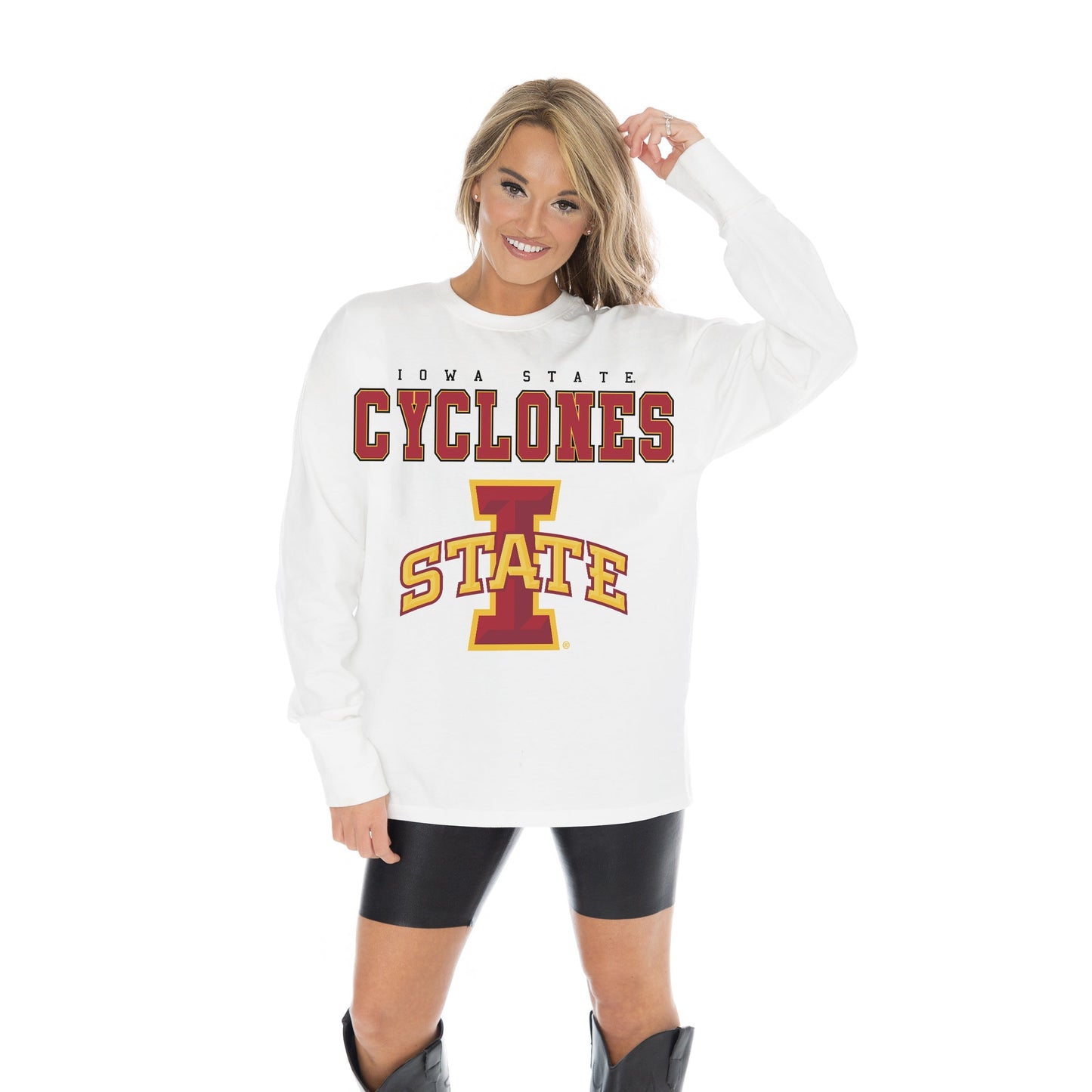 IOWA STATE CYCLONES BIG GOALS OVERSIZED MIDWEIGHT LONG SLEEVE TEE WITH RIBBED NECKLINE AND CUFFS