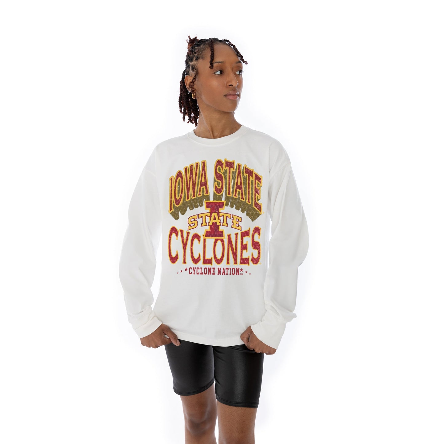 IOWA STATE CYCLONES TIME OUT OVERSIZED MIDWEIGHT LONG SLEEVE TEE WITH RIBBED NECKLINE AND CUFFS