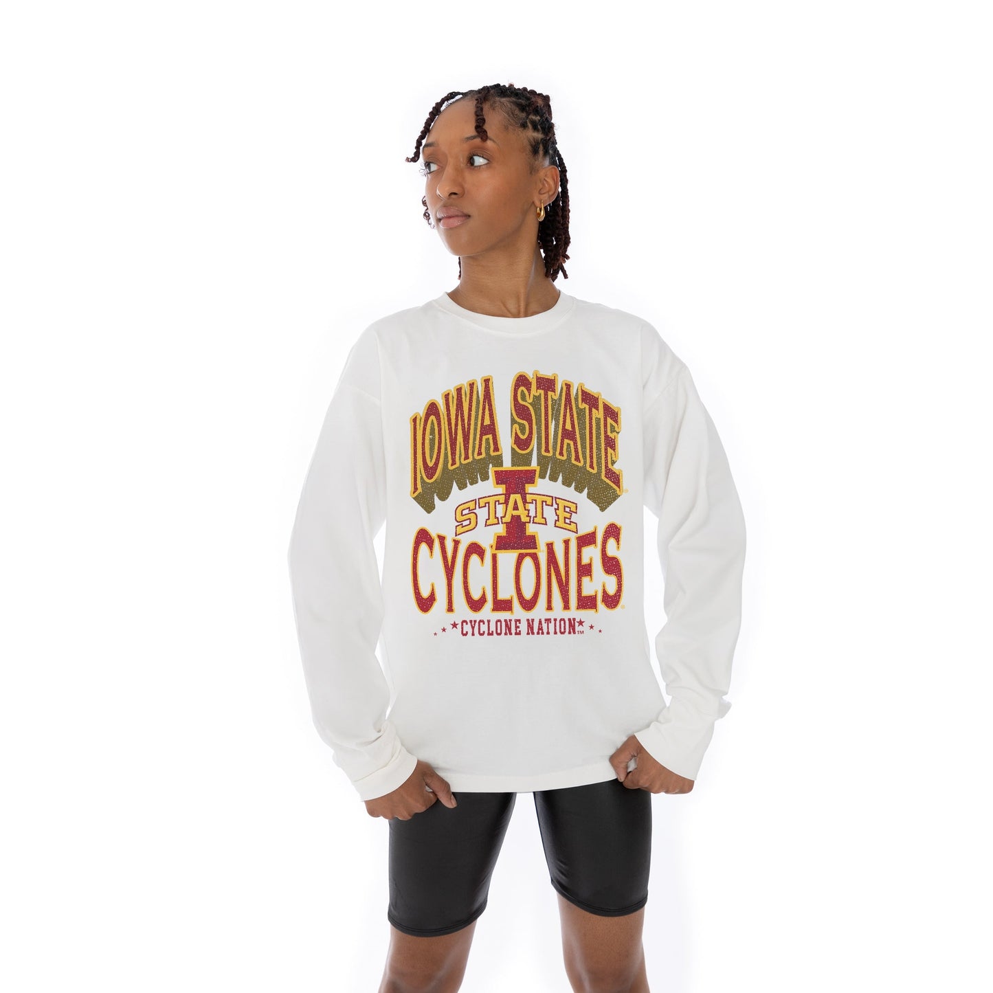 IOWA STATE CYCLONES TIME OUT OVERSIZED MIDWEIGHT LONG SLEEVE TEE WITH RIBBED NECKLINE AND CUFFS
