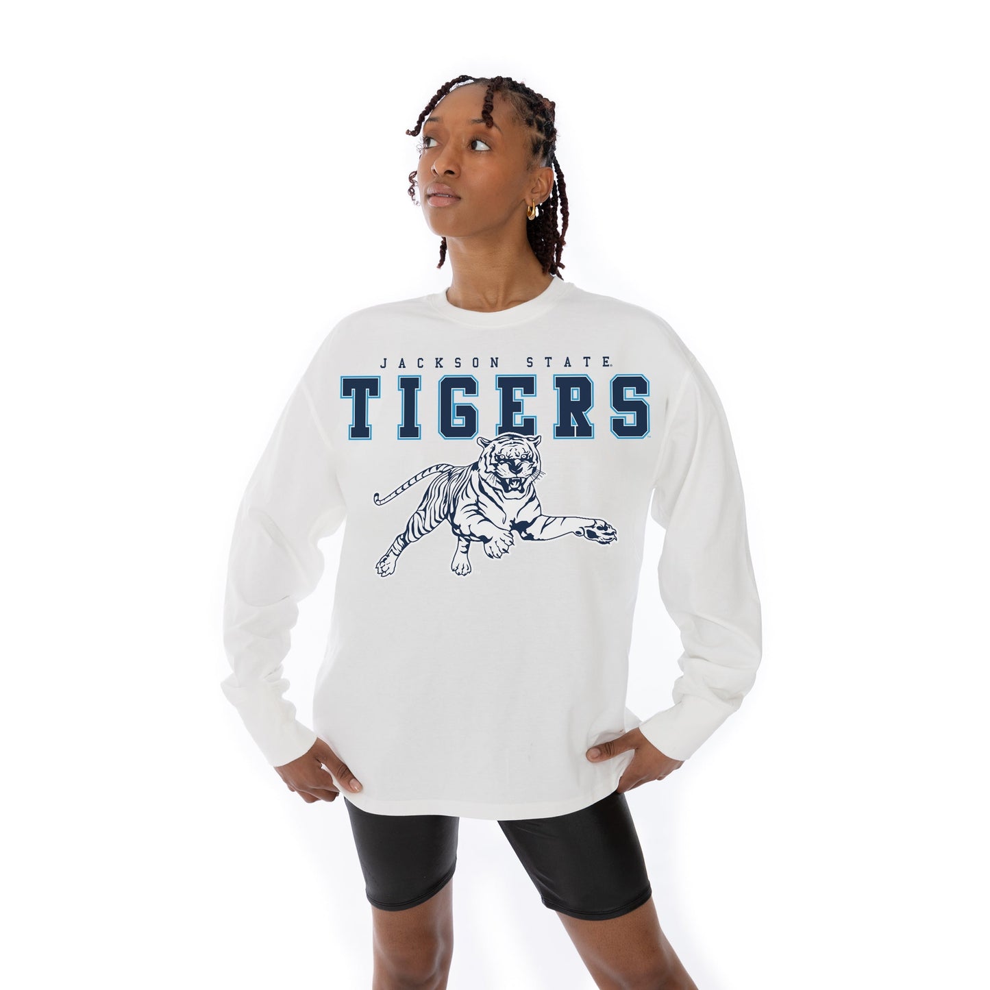 JACKSON STATE TIGERS BIG GOALS OVERSIZED MIDWEIGHT LONG SLEEVE TEE WITH RIBBED NECKLINE AND CUFFS