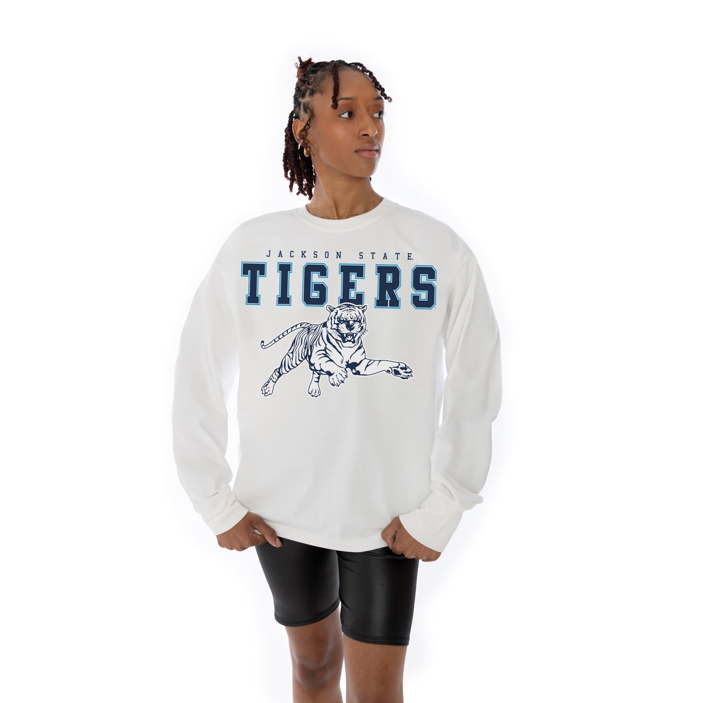 JACKSON STATE TIGERS BIG GOALS OVERSIZED MIDWEIGHT LONG SLEEVE TEE WITH RIBBED NECKLINE AND CUFFS